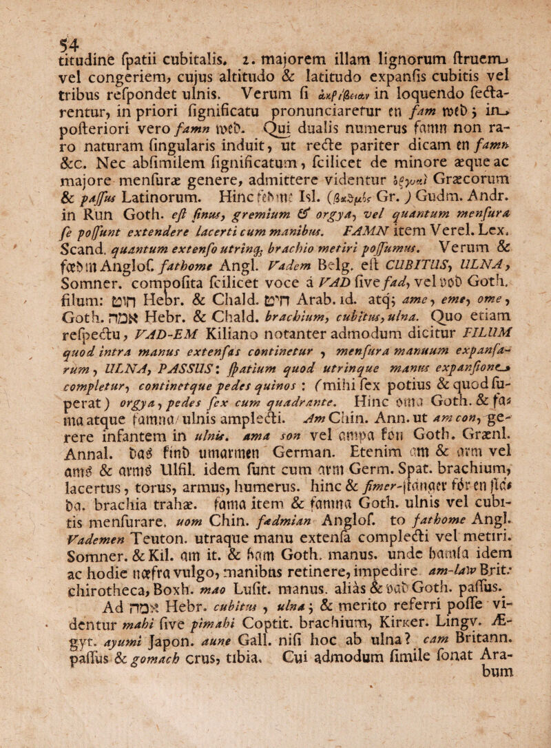 titudine {patii cubitalis* z. majorem illam lignorum ftruerru vel congeriem, cujus altitudo & latitudo expanfis cubitis vel tribus refpondet ulnis» Verum fi in loquendo feda¬ rentur, in priori fignificatu pronunciaretur en fam mei) $ irL> pofteriori vero famn meN Qui dualis numerus fantn non ra¬ ro naturam lingularis induit, ut re<fte pariter dicam en fantn &c. Nec abftmilem fignifi catum, fcilicet de minore aeque ac majore menfurae genere, admittere videntur Graecorum & pajfus Latinorum. Hincfefmte Isi. (jScfyifc Gr. ) Gudm. Andr. in Run Goth. eft finus, gremium & orgya, vel quantum menfura fe pojfunt extendere lacerti cum manibus. FAMN item Verel. Lex* Scand. quantum extenfo utrinfo brachio metiri poffumus. Verum & fctD Ut AngloC fathome Angi. Vadem Belg. eft CUBITUS, ULNA, Somner. compofita fcilicet voce a VADfwefady veltms) Goth. filum: Hebr. & Chald, £Tn Arab. id. atq; amey eme, omey Goth. HDK Hebr. & Chald. brachium, cubitusyulna. Ouo etiam refpedtu, VAD-EM Kiliano notanter admodum dicitur FILUM quod intra manus exten fas continetur , menfura manuum expanfa- rum , ULNA, PASSUS: fpatium quod utrinque manus expanftone^» completur y continetque pedes quinos : (mihi fex potius & quodfil- perat) orgyay pedes fex cum quadrante. Hinc OitU Goth. & fa* ma atque ‘fam.ua/ ulnis ample eft i. Am Chin. Ann. ut am conyge¬ rere infantem in ulnis* ama son vel cmtpa fon Goth* Graenh Annal. fmb umarmen German. Etenim am & arm vel am$ & ami$ Ulfil. idem funt cum arm Germ. Spat. brachium, lacertus, torus, armus, humerus, hinc & fitner-$m§tx ftJr en jldi ba. brachia trahae, fama item & fanma Goth. ulnis vel cubi¬ tis menfurare» uom Chin. fadmian Anglof. to fathome Angi. Vademen Teuton. utraque manu extenfa comple<fti vel metiri. Somner. &Kih am it. & bam Goth» manus, unde bamla idem ac hodie ncefra vulgo, manibus retinere,impedire am-lawByit: chirotheca, Boxh. mao Lufit. manus, alias & oat Goth. paftus.^ Ad no>* Hebr. cubitm , ulna 5 & merito referri polle vi¬ dentur rnahi five pimahi Coptit. brachium, Kiricer. Lingv. iE- gyt. ayumi Japon. aune Gall. nifi hoc ab ulna? cam Britann. paftus & gomach crus, tibia. Cui admodum fimile fonat Ara¬ bum