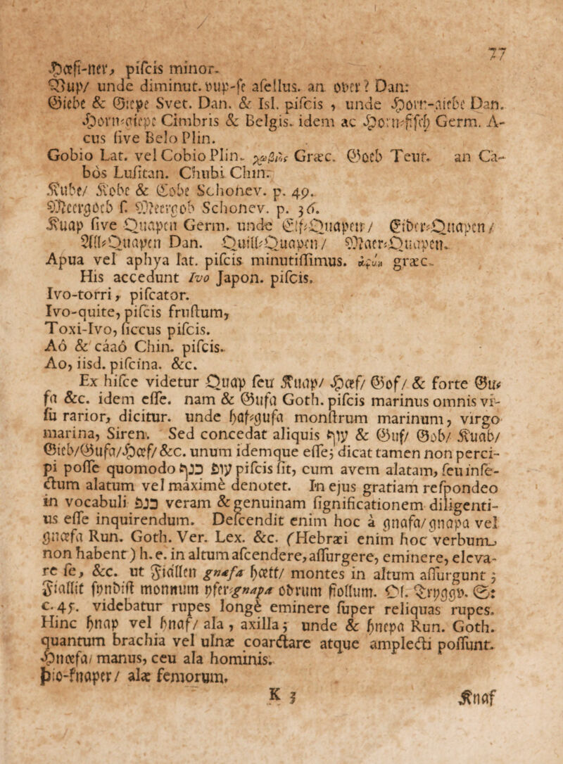 / £<tft-rtcr, pifcis minor, Q>up/ unde diminut. mip-fe afellus. an ot>cv? Dan: ©iebe & ©:epe Svet. Dan. & Isi. pifcis , unde Jpoir-.aifbe Dan, J£)orn<cdepc Cimbris & Belgis, idem ac Jpo: n- fifd) Germ. A- cus live Belo Plin. Gobio Lat. vel Cobio Plin., Grsec. @oct> Teuf. an Ca¬ bos Lufkan. Chuhi Chm; 5vUbt/ 5l'obc & (£ol>e Schonev. p. 49. 93lccrg0c& f ?3?eercob Schonev. p. 36. 3\uap five Quapcit Germ. unde C*!fDnapnr/ (Sibcr^uapcn / SffbQuapcn Dan. Q-ttilfrQuapm/ ^aer^uapctu Apua vel aphya lat. pifcis minutiffimus. grxc. His accedunt Ivo Japon. pifcis. Ivo-torriy pifcator. Ivo-quite, pifcis frudum* Toxi-Ivo, ficcus pifcis. A6 & caao Chin, pifcis.. Ao, iisd. pifcina. &c. Ex hifce videtur Qucrp feu JCuflp/ #Qtf/ &of/ & forte ©u* ffi &c. idem clTe. nam & @ufu Goth. pifcis marinus omnis vf- fa rarior, dicitur, unde monftrum marinum , virgo marina, Siren. Sed concedat aliquis frjiy & @uf/ ©ab/ 5v'uab/ ©icb/0ufa/^)cef/ &c. unum idemque efle; dicat tamen non perci¬ pi pofie quomodo fiiy pifcis fit, cum avem alatam, feu infe¬ ctum alatum vel maxime denotet. In ejus gratiam refpondeo in vocabuli SJ3 veram & genuinam fignificationem diligenti¬ us ede inquirendum. Defcendit enim hoc a gnafa/gnapa vel fliUTfvi Run. Goth. Ver. Lex. &c. (Hebraei enim hoc verbum^ non habent) h.e. in altum afcendere, adurgere, eminere, eleva¬ re ie, &c. ut gidllcn gntfa fjotff/ montes in altum afiurgunt 3 'Siallit fpn&ift monmim pfer%»*{* otmim (folium. Of. <3: c. 4y. videbatur rupes long£ eminere luper reliquas rupes. Hinc f)nap vel bnaf/ala , axilla 5 unde & jfwcpa Run. Goth. quantum brachia vel ulna? coarftare atque ampledi poliunt, 'Pnoefa/ manus, ceu ala hominis, jiio-fnaper/ ala: femorum» * i Jtnaf