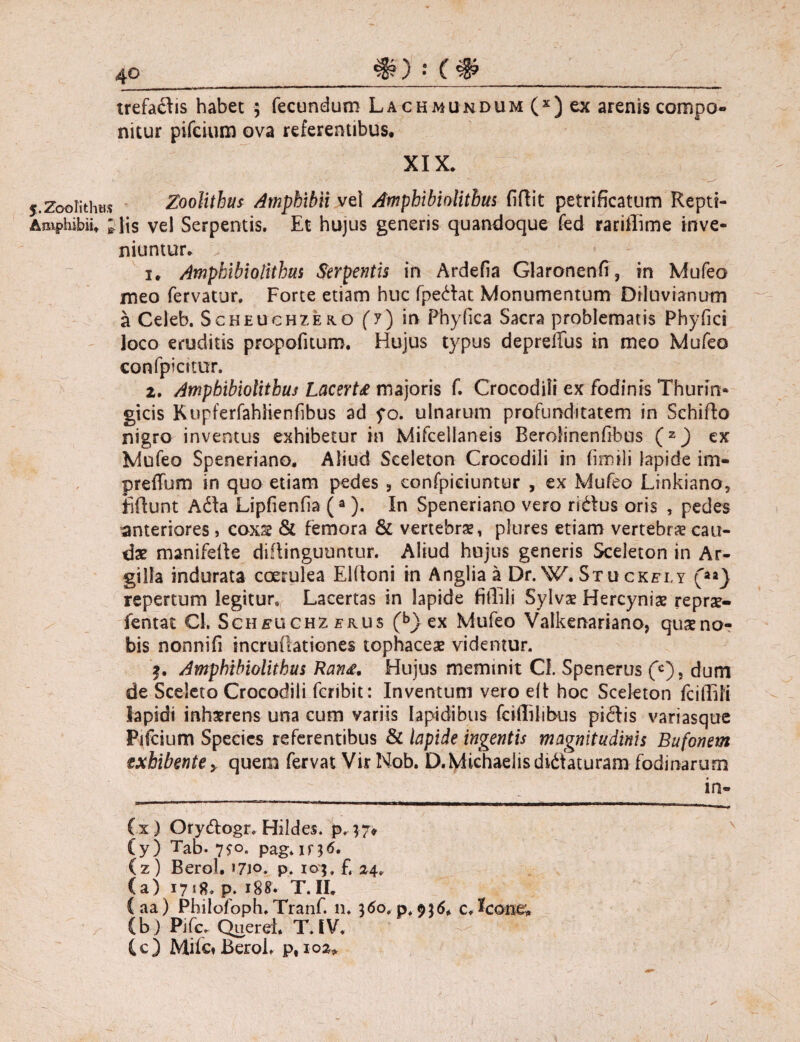 trefaclis habet 5 fecundum Lachmundum(x)£x arenis compo¬ nitur pifcium ova referentibus. XIX y.Zoolithus Zoolithus Amphibii vel Amphibiolithus fidit petrificatum Repti- AEiphibiu ^ Iis vel Serpentis. Et hujus generis quandoque fed rarilTime inve¬ niuntur 1, Amphibiolithus Serpentis in Ardefia Glaronenfi, in Mufeo meo fervatur. Forte etiam huc fpedtat Monumentum Diluvianum a Celeb. Scheuchzeko (7) in Phyfica Sacra problematis Phyfici loco eruditis propofitum. Hujus typus depreifus in meo Mufeo confpicttur. 2. Amphibiolithus LacerU majoris f. Crocodili ex fodinis Thurin- gicis Kupferfahlienfibus ad fo. ulnarum profunditatem in Schido nigro inventus exhibetur in Mifcellaneis Berolinenfibus ex Mufeo Speneriano. Aliud Sceleton Crocodili in firrnli lapide im- preffum in quo etiam pedes , confpiciuntur , ex Mufeo Lrnkiano, fidunt Ada Lipfienfia (a). In Speneriano vero ridus oris , pedes anteriores, coxae & femora & vertebrae, plures etiam vertebrae cau¬ dae manifede didinguuntur. Aliud hujus generis Sceleton in Ar¬ gilla indurata coerulea Eldoni in Anglia a Dr. W. Stuckfly (**} repertum legitur. Lacertas in lapide fiflili Sylvae Hercyniae reprae- fentat €1. Schfuchzerus (b) ex Mufeo Valkenariano, quae no? bis nonnifi incrudationes tophaceae videntur. Amphibiolithus Ran£. Hujus meminit CI. Spenerus (*c), dum de Sedeto Crocodili feribit: Inventum vero ed hoc Sceleton fcillili lapidi inhaerens una cum variis Iapidibus fcifihlibus pidlis variasque Pifcium Species referentibus & lapide ingentis magnitudinis Bufonem exhibente > quem fervat Vir Nob. D.Michaelis didtaturam fodinarum (x) Orydtogr. Hildes. pr$7» (y) Tab. 7*0. pag. u)6. (2) Berol. 1710. p. 10;. £ 24. (a) 1718. p. 188. T. II. (aa) Philofoph. Tranf. n. 360, p, 956, c, (b) Pifc. Que rei. T.IV. (c) Mile»Berol. p, 102»