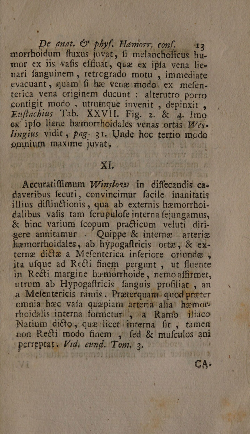 De auct, O* phyf. Hamovr, conf, — 43 morrhoidum fluxus juvat, fi melanchoftcus hu- mor ex iis vafis effluat, quz ex ipía vena lie- nari fanguinem , retrogrado motu , immediate evacuant, quam fi he vene modo. ex meíen- terica vena originem ducunt : alterutro porro contigit modo , utrumque invenit , depinxit , Euflachius Tab. XXVIL Fig. 2. &amp; 4. Imo ex ipfo liene hzmorrhoidales venas ortas. IW/zs-- lingius. vidit , pag. 31. Unde hoc tertio rtiodo omnium maxime juvat, XI Aecuratiffimum 'Wizslons in diffecandis ca. daveribus fecuti, convincimur facile. inanitatis illius diftin&amp;ionis, qua ab externis hemorrhoi- dalibus vafis tam Ícrupulofe interna fejungamus, &amp; hinc varium ícopum pra&amp;ticum veluti diri- gere annitamur . Quippe &amp; interne - arteriz hamorrhoidales, ab hypogaflricis orte, &amp; ex- ternz di&amp;iz a Mefenterica inferiore oriundg , ita ufque ad Rc&amp;ti finem. pergunt , ut fluente in ReGi margine h:ermorrhoide , nemo affirmet, utrum ab Hypogaftricis fanguis profiliat , an a Mefentericis ramis . Praterquam. quod preter omnia hec vafa quapiam arteria: alia! hzemor- rhoidalis interna formetur , 43 Ranío iliaco Natium di&amp;to j. quz licet: lüheernà fit , tamen non Recti modo finem , íed &amp; muículos ani pereo Vid. eung. Tom. 3. L] | Ms