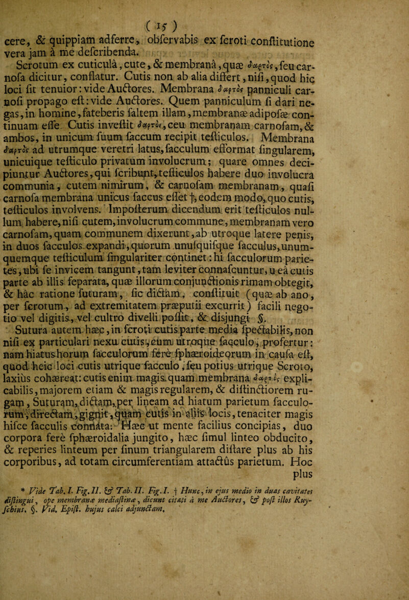 () cere, & quippiam adferre, obfervabis ex feroii conftitutione vera jam a me defcribenda. Scrotum ex cuticula,cute»&membrana,quae ,feucar- nofa dicitur, conflatur. Cutis non ab alia differt, nifi, quod hic loci fit tenuior: vide Auftores. Membrana ixfrct panniculi car- Qofi propago eftrvide Auflores. Quem panniculum fi dari ne¬ gas, in homine,fateberis faltem illam,membranaeadipofe:con¬ tinuam eflfe. Cutis inveflit J'«;pTo«,ceu membranam carnofam,& ambos, in unicum fuum laccum recipit tefticulos. Membrana ^«PTOf ad utrumque veretri latus,facculum effbrmat fingularem, unicuique tefticulo privatum involuerum; quare omnes deci¬ piuntur Au£i:ores,qui fcribt^t,tefliculos habere duo involucra communia, cutem nimirum, & carnofam membranam, quafi carnofa membrana unicus faccus eflet f, eodem modo, quo cutis, tefticulos involvens. Impofferum, dicendum erit tefticulos nul¬ lum habere, nifi cutem, involucrum commune, membranam vero carnofam,quam communem dixerunt,ab utroque latere penis, in duos facculos-expandi, quorum .unulquifque facculus,unum¬ quemque tefticulum fingulariter continet: hi faceulorum parie¬ tes,ubi fe invicem tangunt,tam leviter cojinafcuntur.u ea emis parte ab illis feparata, quae illorum conjupftionis rimam obtegir, & hSic ratione futuram, fic diftam., conflituit (qu$ ab ano, per ferotum., ad extremitatem praeputii excurrit) facili nego¬ tio vel digitis, vel cultro divelli poflit, &: disjungi §. Sutura autem, haec, in feroti cutis parte media fpe^febilis, non nifi ex particulari nexu cutis^Gumi utrflqurfecculoj profertur: nam hiatus horum facculonim' fere fph;aecGi.dtQrum in caufa eft, quod heic loci cutis utrique facculo Jfeu potius utrique Scroto, laxius cohaereat: cutis enim magis.quam.membrana expli¬ cabilis, majorem etiam & magis regularem, & diltindiiorem ru¬ gam , Suturam,di!ffam,.per lineam ad hiatum parietum facculo- runaidiTeftam.vgigftit^qtiam eUfis in affis magis hifce faeculis coniiatae‘M$e ut mente facilius concipias, duo corpora fere fphaeroidalia jungito, haec fimul linteo obducito, & reperies linteum per finum triangularem diltare plus ab his corporibus, ad totam circumferentiam attaftus parietum. Hoc plus * *Tab, L Figuli, ^ Fah.II. Fig.I. f Hunc^ in ejtis medio in duas cavitates diflingui y ope membranee mediaftina ^ dicunt citati d me Ausiores ^ ^ pofi illos Ruy-- /chius, ^id» Epi/i, hujus calci adjungam^