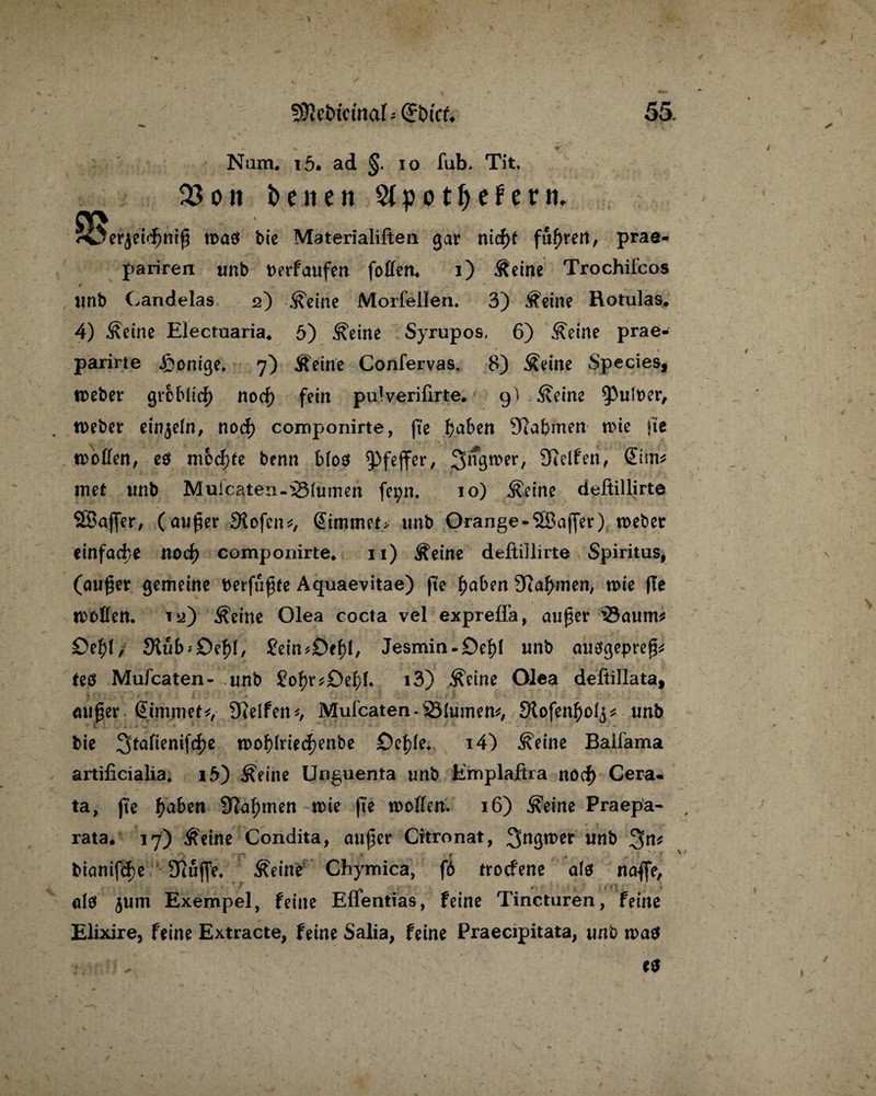 Nam. i5. ad §. io fub. Tit, 23on benen Stpotfjefern, S5er<}eid>nifj tt>aö bic Materialiften gar nid)t fuhren, prae- pariren unb berfaufen foßen* i) Seine Trochifcos r unb Candelas 2) Seine Morfellen. 3) Seine Botulas. 4) Seine Electuaria* 5) Seine Syrupos, 6) Seine prae- parirte Könige* 7) Seine Confervas, 8) Seine Speeles, webet gr&blid) nod) fein puiverifirte. 9) Seine ^Pulber, Weber einzeln, nod) componirte, fte haben 9?abmen wie fte wollen, es mochte benn blos Pfeffer, .3^0*^/ helfen, Sisn* inet unb M ui caten-iß tarnen fepn* 10) Seine deftillirte ÖBafjer, (äuget Stofen*, Glimmet* unb Orange-SBaffer) weber einfache noch componirte* 11) Seine deftillirte Spiritus, (äuget gemeine berfugte Aquaevitae) fte haben 3Raf)men, wie ge wogen* tu) Seine Olea cocta vel expreffa, äuget i0aum* öel)f, JKub'DehE £ein*£)ehI, Jesmin-Dehf unb ausgepreg* teö Mufcaten- unb £of)t*£M;f. i3) Seine Olea deßillata, äuget Glimmet*, Steifen*, Mufcaten-231umen*, Siofenhofj* unb bie 3fa^enH^c wobßied)enbe Öelge* i4) Seine Baifama artificialia. i5) Seine Unguenta unb Emplaftra noch Cera- ta, fie haben !Ral;men wie fte wollen. 16) Seine Praepa- rata. 17) Seine Condita, äuget Citronat, 3nÖWer wnb 3n* bianifdje 91uge* Seine Chymica, fö troefene ata nage, ’ * - • * ■ ■ i ■ l 1 alö $um Exempel, feine Eflentias, feine Tincturen, feine Elixire, feine Extracte, feine Salia, feine Praecipitata, unb wa$