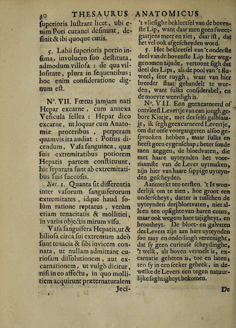 fuperioris luftrare licet, ubi e- nimPori cutanei delinunt, de¬ finit & ibi quoque cutis, 5*. Labii fuperioris portio in¬ fima, involucro fuo deflituta, admodum villofa : de qua vil- lofitate, plura in fequentibus; hoc enim confideratione dig¬ num eft. N°. VII. Foetus jamjam nati Hepar excarne , cum annexa Veficula fellea : Hepar dico excarne, ut loquar cum Anato- mix proceribus , perperam quamvis ita audiat : Potius di¬ cendum, Vafafanguinea, quae fuis extremitatibus potiorem Hepatis partem conftituunt, hic feparata funt ab extremitati¬ bus fuis fuccofis. AUt. i . Quanta fit differentia inter vaforum fanguiferorum extremitates , idque haud fo- lum ratione reptatus , verum etiam tenacitatis & mollitiei, in variis obje&is mirum vifu. Vala fanguifera Hepatis,ut & biliofa circa fui extremum adeo funt tenacia & fibi invicem con¬ nata, ut nullam admittant cu- riofam diffolutionem, aut ex- carnationem, ut vulgo dicitur, nifi in eo affeftu, in quo molli¬ tiem acquirunt praternaturalem Jeci- 4 ’t vliefighe bekleetfel van de boven- fte Lip, want daar men geen fwect- gaatjensmeerenziet, daarift, dat het vel ook afgefcheyden word. f. Het bekleetfel van 9t onderfte deelvandebovenfte Lip hierweg- genomen zijnde, vertoont figh dat deel des Lips, alsdepoolvan^tflu- weel, feer ruygh 5 waar van hier breeder ftaatl gehandelt te wor- den, want fulks confiderabel, en de moey te weerdigh is. N°. VII. Epn geexcarneerd of ontvleeft Leveftje van een jongh ge- boreKintje, met des felfs galblaas- je, ik feghgeexcarneerd Levertje, om dat onfe voorgangeren alfoo ge* fprooken hebben, maar fulks en heeft geen eygenfchap; beter foudc men zeggen, de bloedvaten, die met haare uyteynden het voor- naamfte van de Lever uytmaken, zijn hier van haare fappige uyteyn¬ den gefcheyden. Aanmerkt ten eerften. ’tIswon« derlijk om te zien , hoe groot een onderfcheyt, datter is tuflchen de uyteynden derjbloetvaten, nietal- leen ten opfightevan harencours, maar ook wegens hare taj ighey t > en broosheyt. De bloet- en galvaten desLevers zijn aan hare uyteynden foo taay en onderlingh vereenight » dat fy geen curieufe fcheydinghe, *t Welle, ais boven vermeltis, ex- carnatie geheten is, toe en latenj ten fy in eenfeeker gebrek, in de- welkedeLevers een tegen natuur- lijke faghtighey t bekomen. De