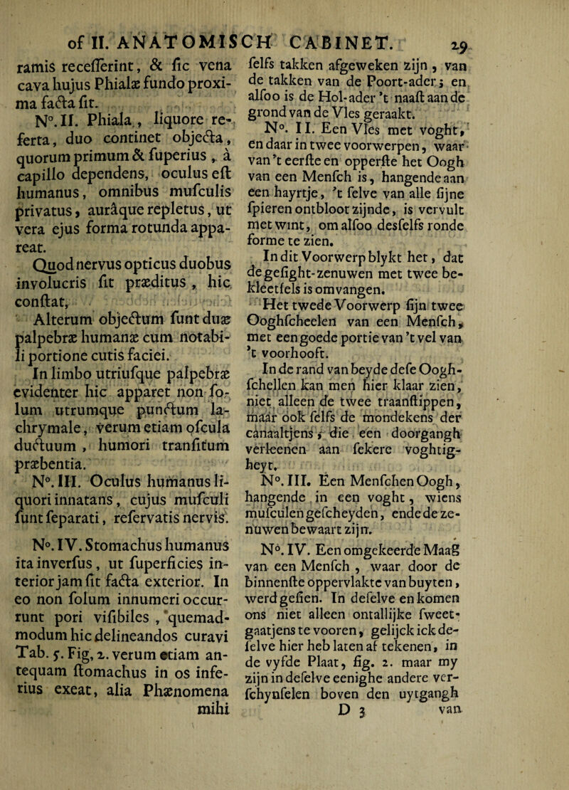 ramis receflerint, & fic vena cava hujus Phialae fundo proxi¬ ma fa&a fit. N°.II. Phiala,, liquore re¬ ferta , duo continet obje&a, quorum primum &fuperius ,, a capillo dependens, oculus efl humanus, omnibus mufculis privatus, aurftque repletus, ut vera ejus forma rotunda appa¬ reat. Quod nervus opticus duobus involucris fit praeditus , hic conflat, / - Alterum obje&um funt duaer palpebrae humanae cum notabi¬ li portione cutis faciei. In limbo utriufque palpebrae evidenter hic apparet non for lum utrumque punftum la- chrymale, verum etiam ofcula duftuum , humori tranfitum praebentia. N°. III. Oculus humanus li¬ quori innatans, cujus mufculi funt feparati, refervatis nervis. N°. IV. Stomachus humanus itainverfus, ut fuperficies in¬ terior jam fit fafta exterior. In eo non folum innumeri occur¬ runt pori vifibiles , quemad¬ modum hic delineandos curavi Tab. Fig, z. verum etiam an¬ tequam flomachus in os infe¬ rius exeat, alia Phaenomena mihi felfs takken afgeweken z,ijn , van de takken van de Poort-adcr $ en alfoo is de Hol-ader *t naafl aan de grond van de Vies geraakt. N°. II. Een Vies met voghtv en daar in twee voorwerpen, waar van’t eerfteen opperfte het Oogh van een Menfch is, hangende aan een hayrtje, 't felve van alie fijne fpieren ontbloot zijnde, is vcrvult metwint, om alfoo desfelfs ronde forme te zien. Indit Voorwerpblykt het, dat de gefight-zenuwen met twee be- kleetfels is omvangen. Het twede Voorwerp fijn twee Ooghfcheelert van een Menfch * met een goede portie van ’t vel van *t voorhooft. In de rand van beyde defe Oogh- fchellen kan men hier klaar zien, niet alleen de twee traanftippen, maar ook felfs de mondekens der canaaltjens> die een doorgangh verleenen aan fekere voghtig- heyt. N°. III. Een Menfehen Oogh, hangende in een voght, wiens mufculengefcheydeh, endede ze- nuwen bewaart zijn. N6. IV. Een omgekeerde Maag van een Menfch , waar door de binnenfte oppervlaktc van buy ten, werdgefien. In defelve enkomen ons niet alleen ontallijke fweet- gaatjens te vooren, gelijck ick de¬ felve hier heb laten af tekenen, in de vyfde Plaat, fig. 2. maar my zijn in defelve eenighe andere ver- fchynfelen boven den uytgangh D 3. van