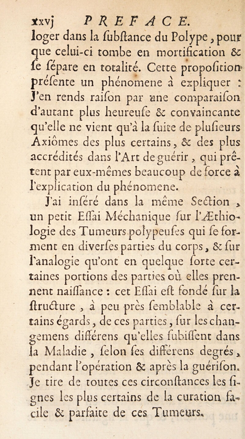 loger dans la fubffance du Polype, pour que celui-ci tombe en mortification 6c fe fépare en totalité. Cette propofitiorr prefente un phénomène à expliquer : J’en rends raifon par une comparaifon d’autant plus heureufe 6c convaincante qu’elle ne vient qu’à la fuite de plufieurs Axiomes des plus certains > 6c des plus accrédités dans l’Art de guériroui prê¬ tent par eux-mêmes beaucoup de force à l’explication du phénomène. J'ai inféré dans la même Seétion * un petit Effai Méchanique fur l’Æthio- logie des Tumeurs.polypeufes qui fe for¬ ment en diverfes parties du corps, & fur l'analogie qu’ont en quelque forte cer¬ taines portions des parties où elles pren¬ nent naiffance : cet Eflai efl fondé fur la ffruéture , à peu près femblable à cer¬ tains égards, de ces parties, fur lèse ha n- gemens difiérens qu’elles fubülent dans la Maladie , félon fes difiérens degrés, pendant l’opération & après la guérilon» Je tire de toutes ces circon fiances les li¬ gnes les plus certains de la curation fa-* cile 6c parfaite de ce s Tumeurs.