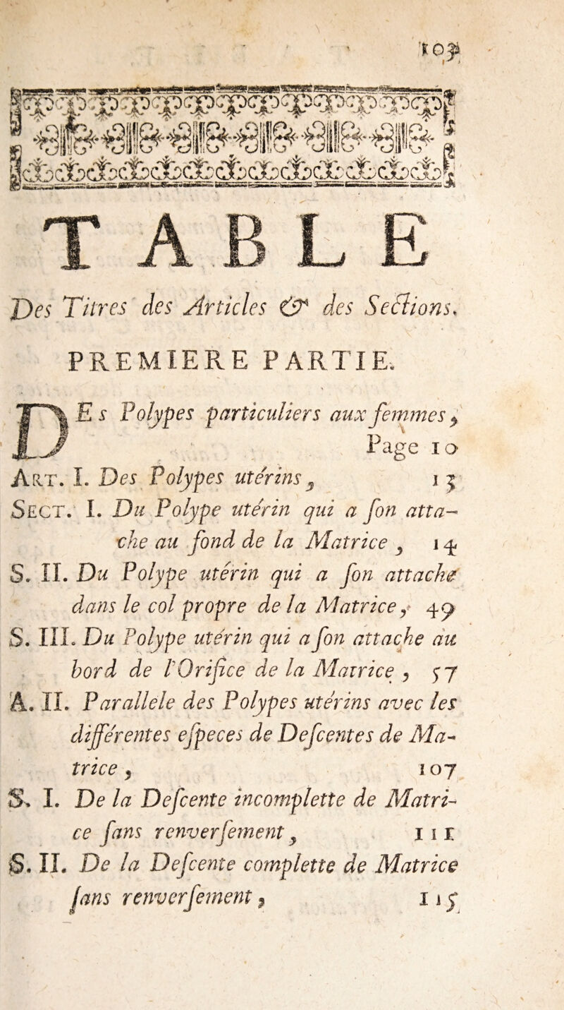 J) es Titres des Articles & des S edi ions. PREMIERE PARTIE. Polypes particuliers aux femmes, Page Io Aîit. I. Des Polypes utérins y i 5 Sect. I. Du Polype utérin qui a fon atta¬ che au fond de la Matrice } 1 y S. II. Du Polype utérin qui a fon attache dans le col propre de la Matrice y 40 S. III. Du Polype utérin qui a fon attache au bord de l’Or if ce de la Matrice , y 7 A. II. Parallèle des Polypes utérins avec les différentes efpeces de Defcentes de Ma¬ trice , 107 S, I. De la Defcente incomplette de Matri¬ ce fans renversement f 11 r. S. II. De la Defcente complette de Matrice fans renverfement , 11 y