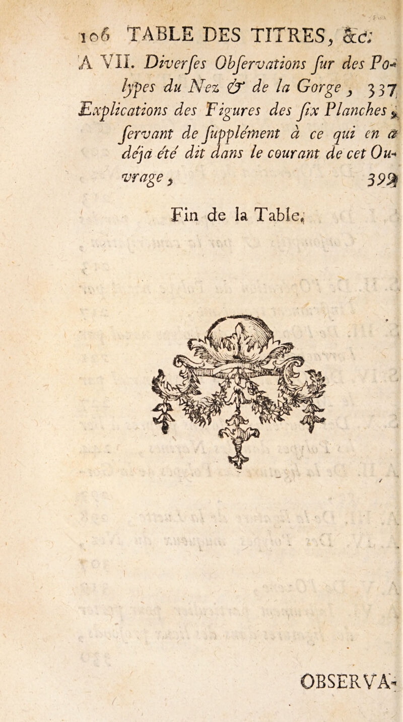 A V IL Diverfes Observations fur des Po« types du Ne % & de la Gorge 337 Explications des Figures des Jix Flanches * fervant de fupple'ment à ce qui en û déjà été dit dans le courant de cet Ou■* vrages 35^ Fin de la Table,; 1 1 • ■ • ... >, •: ;• ■ ' V : ■ -» OBSERVA- ■* f