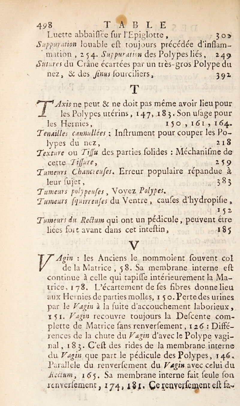 Luette abbaiflèe fur l’Epiglotte , 303 Suppuration louable eft toujours précédée d’inflam- * mation ,254. Suppuration des Polypes liés, 2491 Sutures du Crâne écartées par un très-gros Polype du nez, 5c des jinus fourciîiers, 30X T T Axis ne peut & ne doit pas même avoir lieu pour les Polypes utérins, 147, .183. Son ufage pour les Hernies, 150 , 161 , 164* Tenailles cannullées; Inftrument pour couper les Po¬ lypes du nez, 218 Texture ou TiJJu des parties folides : Méchanifme de cette ‘T{(Jure, 259 Tumeurs Chanet eufes. Erreur populaire répandue à leur fuj'et, . 383 Tumeurs polypeufes , Voyez Polypes. Tumeurs fqmreujes du Ventre, caufes d’hydropifie a Tumeurs du Rectum qui ont un pédicule, peuvent être liées fort avant dans cet inteftin, 185 V T 7* : les Anciens le nommoient fouvent coi V de la Matrice , 58. Sa membrane interne eft continue à celle qui rapide intérieurement la Ma¬ trice, 178. L/écartement de fes fibres donne lieu aux Hernies de parties molles, 1 50. Perte des urines par le Vagin à la fuite d’accouchement laborieux, ï 51, Vagin recouvre toujours la Defcente corn- plette de Matrice fans renverfement, 116 : Diffé¬ rences de la chute du Vagin d’avec le Polype vagi¬ nal , 183. C’eft des rides de la membrane interne du Vagin que part le pédicule des Polypes, 146* Parallèle du renverfement du Vagin avec celui du Jiccium, 165. Sa membrane interne fait feule fon renverfement ; 174, j 8 j t Çe ïenYejfeiftent eft ftw