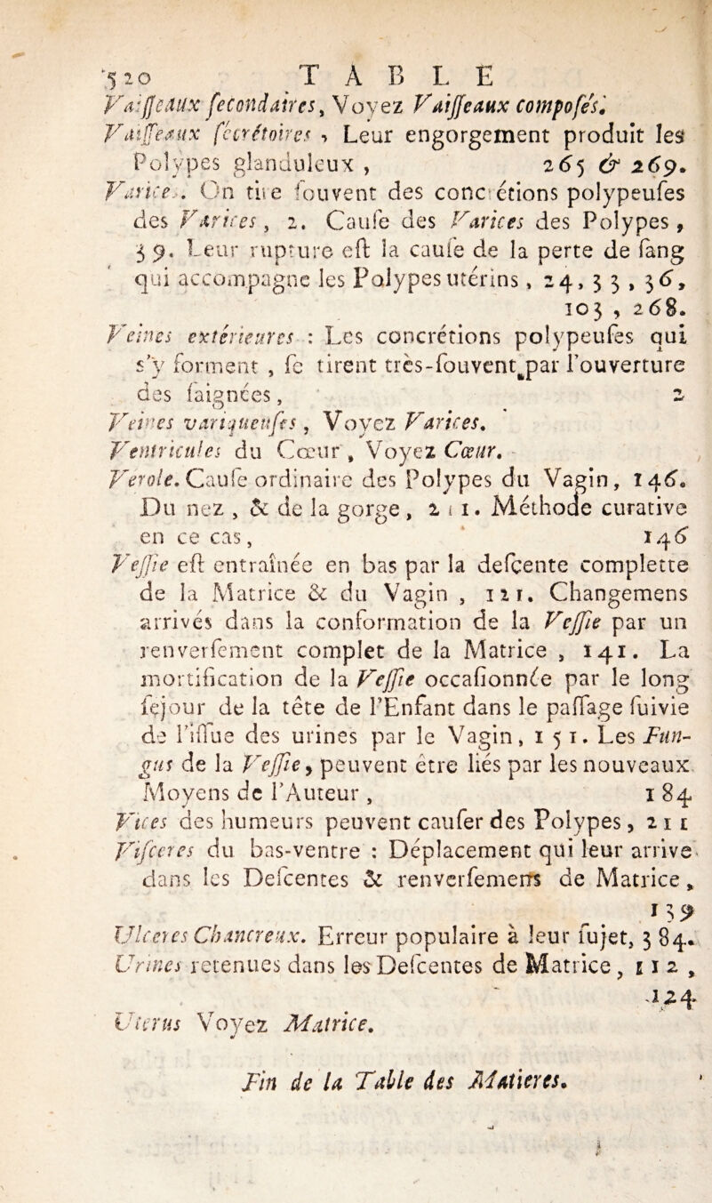 Vaiféaux fécond aires, Voyez Vdijfeaux compofes. Vdiffeœitx fécrftoires *> Leur engorgement produit les Polypes glanduleux , 26j & 269. Varice,. On tire fou vent des conc étions polypeufes des Varices, 2. Caufe des Varices des Polypes, 3 9, Leur rupture eft la came de la perte de fang qui accompagne les Polypes utérins, 24,33,36’, 103 , 268» Veines extérieures : Les concrétions polypeufes qui s'y forment , fe tirent très-fouventjaar l’ouverture des faignces, 2 Veines vanaueufes, Voyez Varices. Ventricules du Cœur, Voyez Cœur. Verole. Caufe ordinaire des Polypes du Vagin, 146. Du nez , & de la gorge , 2 1 1. Méthode curative en ce cas, 146 Vejjie eft entraînée en bas par la defçente complette de la Matrice 2c du Vagin , m. Changemens arrivés dans la conformation de la Vejjie par un renverfement complet de la Matrice , 141. La mortification de la Ve (fie occafionnée par le long fçjour de la tête de l’Enfant dans le paffage fuivie de Dilue des urines par le Vagin, 1 51. Les Fan¬ ons de la Vejfie y peuvent être liés par les nouveaux Moyens de l'Auteur , 1 84 Vues des humeurs peuvent caufer des Polypes, 2 1 £ Vifceres du bas-ventre : Déplacement qui leur arrive dans les Delcentes & renverfemerrs de Matrice, Ulcérés Chxncreux. Erreur populaire à leur lujet, 3 84* Urines retenues dans lesDefcentes de Matrice , 512, a ^ 4* Vierus Voyez Matrice. Fin de U Table des Jid/ttiercs.