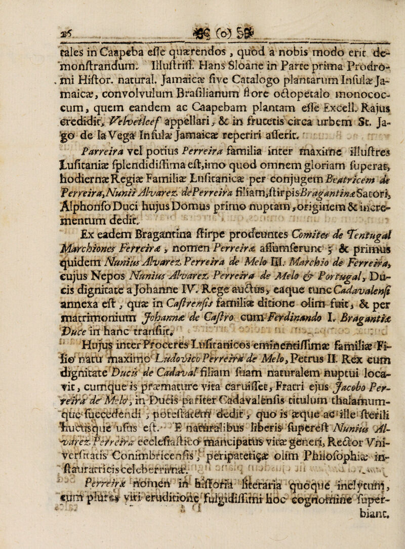 afe . . JlW ■ 1 1 1 —* ■ W » I rtiir*1 „ .1 [.— 1 -1d . ..I M. .1 I I I I .• I ■ ' - -- - - -- tales in Caapeba efle querendos , quod a nobis modo erit de~ ‘monftrandurm IlluftrifE Hans Sloane in Parte prima Prodro- . mi Hiftor. naturaL Jamaiea? five Catalogo plantarum Infula? Ja¬ ni aica?, convolvulum Brafiliarrum flore odopecalo monococ- cum, quem eandem ac Caapebam plantam die ExcelL Rajus credidit;, P^ehetleef appellari^ & in frutetis circa urbem St. Ja~ go de laVega Infolat Jamaicae reperiri afferit^ farreira vel potius Perveira familia inter maxime illuftres iufitaniae fplendidiffima eft,imo quod omnem gloriam fuperat, hodierna?Regia? Familia? Lnfkaniea? per conya^cxn Beatricem de VernirttyNunitdlvarez. dePerreira filiam>ftiff&sBrdgantinxifsitolFf, Alphonfb Duci hujus Domus primo nuptam,originem & incre¬ mentum dedit./ Ex eadem Bf agantim ffirpe prodeuntes Comites de Tentugd ffidrchionetf Ferretor* ? nomen Peneira affumfemnt j & primus quidem Mmiusdlvarez> Ferre ira de Melo I|I. Matchio de Ferrewd, cujus Nepos Nmim>Jhwt& Perrezra de Melo & Por¥ugal3 Du¬ cis dignitate ajohanne IV. Rege audus, eaque mnc.Cadavalenji annexa eft} qua? in Caftrenjis familia ditione olim fuit * & per matrimonium Jobarm& de Cafiro cum Fefdinmdo \.Bragantfe J)uCe in hanc trartfiit* Hujus inter Proceres^luhtahicos eminentiillmse familia Fi¬ lio natu fnaMnorL^ de MeU, Petras- II. Rex cum dignitate Ducis de Cad#valfiliam luam naturalem nuptui loca¬ vit, cumque is pfa?matitre vita cartrilTec, Fratri ejus Jacebo Per- teWdf de* Melo', irrDueis paiitfer Cadavallnfis titulum thalamum- que fuecedendi ipotefta-cttri dedit f quo is ^que aedile‘ftefili tiuctrsqiie ufes eftG 'E naturalibus liberis*'fupereft Nunim M- vdre£Pefreir& eeeldtafticc* mancipatus vita? generi, Reflor Vni- verfitatrs Conimbncenfis y ‘ peripaterifa? olim Phiiolophi^ ■ in- /ftaurarriciscelebsrririia?. ..v, Pernb* : nomeii in hd!orira literaria5 quoqud inclytum, cum pluret yM eruditione jfuigidillimf hou cognomine foper- bianc.