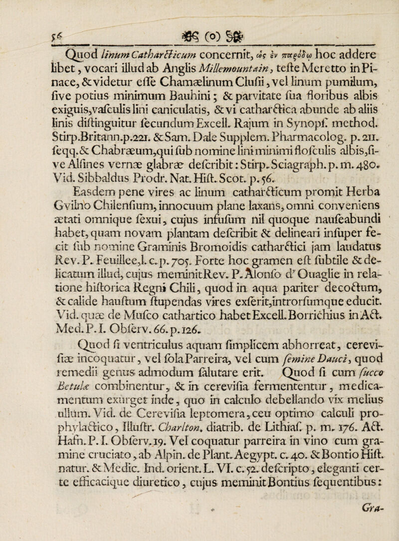 Quod linum CatharBicum concernit, hoc addere libet, vocari illud ab Anglis Millemmntain 9 tefte Meretto in Pi- nace, & videtur efle ChamariinumClufii,vel linum pumilum, five potius minimum Bauhini; & parvitate fiia floribus albis exiguiSjValculislini canicularis, &vi catharftica abunde ab aliis linis difiinguitur fecundum ExcelL Rajum in Synopfi method. Stirp.BrItann.p.221. &Sam.I)aie Supplem. Pharmacolog. p. 211. feqq.& Chabraeum^jui fitb nomine lini minimi flolculis albis,fi- ve Alfines vernae glabrae defcribit: Stirp. Sciagraph. p. m. 480. Vid. Sibbaldus Prodr. Nat. HifL Scot. p. 56, Easdem pene vires ac linum catharfticum promit Herba Gvilno Chilenfium, innocuum plane laxans, omni conveniens aetati omnique lexuR cujus infufum nil quoque naufeabundi habet, quam novam plantam defcribit & delineari infuper fe¬ cit fiib nomine Graminis Bromoidis catharftici jam laudatus Rev. P* Feuilleed c.p. 705. Forte hoc gramen eft liibtile &.de¬ licatum illud,., cujus- meminit. Rev. P. Alonfo d’ Ouaglie in rela¬ tione hiftorica Regni Chiii , quod in aqua pariter de cobium, & calide haufixirn ftupendas vires exierit,introrlumqiie educit, Vid. quae de Mufco cathartico habet ExceLBorrichius in AH. Me el P. L Obferv. 66. p. 126. Quod fi ventriculus aquam fimplicem abhorreat , cerevi- iiae incoquatur, vel folaParreira, vel cum femineBaucz, quod remedii genus admodum falutare erit. Quod fi cum fucco Betula combinentur,; & in cerevifia fermententur, medica¬ mentum exurget inde, quo in calculo debellando vix melius ullitm. Vid. de Cerevifia leptomera, ceu optimo calculi pro- phylaHico, liluftr. Charlton♦ diatrib. de Lithiaf p. m. 176. AH. Hafn.P. I. Obferv. 19. Vel coquatur parreira in vino cum gra¬ mine cruciato, ab Alpin. de Piant. Aegypt. c. 40. & Bontio Hili, natur. & Medie. Ind* orient. L. VI. c. 52. defcripto, eleganti cer¬ te efficacique diuretico, cujus meminit Bontius fequentibus: