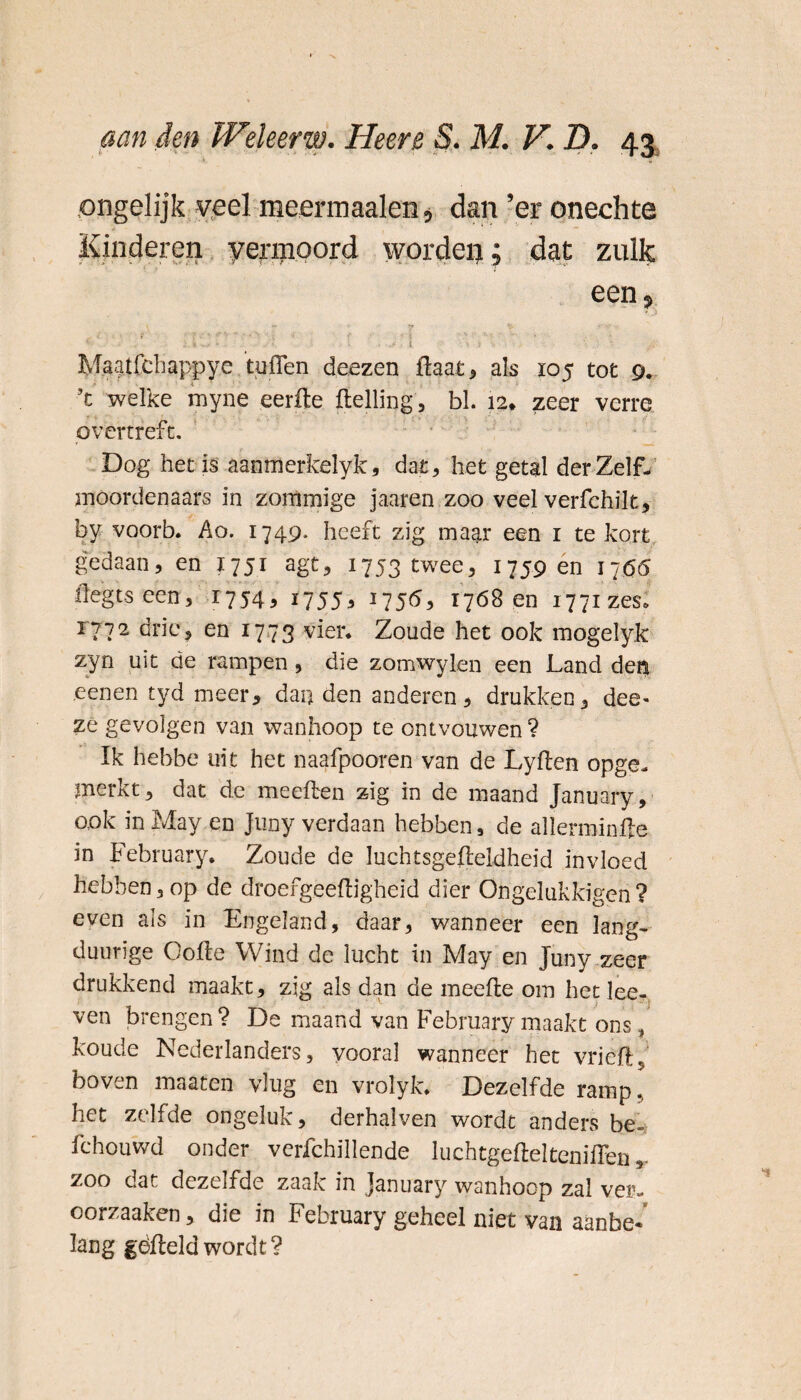 .ongelijk veel meermaalen, dan ’er onechte Kinderen vermoord worden; dat zulk een j f ‘ ' • • .* i v i Mafffchappye tuffen deezen ffaat, als 105 tot 9. •V ’t welke myne eerffe Helling, bl. 12* zeer verre overtreft. Dog het is aanmerkelyk, dat, het getal der Zelf¬ moordenaars in zoramige jaaren zoo veel verfchilt, by voorb. Ao. 1749. heeft zig maar een 1 te kort gedaan, en 1751 agt, 1753 twee, 1759 en 17Ö0 ffegts een, 1754, 1755, 1755, 1768 en 1771 zes, 1772 drie, en 1773 vier. Zoude het ook mogelyk zyn uit de rampen, die zomwyien een Land den oenen tyd meer, dan den anderen, drukken, dee- ze gevolgen van wanhoop te ontvouwen? Ik hebbe uit het naafpooren van de Lyffen opge¬ merkt, dat de me effen zig in de maand January, ook in May en Juny verdaan hebben, de allerminffe in February. Zoude de luchtsgeffeldheid invloed hebben, op de droefgeeffigheid dier Ongelukkigen ? even als in Engeland, daar, wanneer een lang- duurïge Goffe Wind de lucht in May en Juny zeer drukkend maakt, zig als dan de meefte om het lee- ven brengen? De maand van February maakt ons, koude Nederlanders, vooral wanneer het vrieft, boven maaten vlug en vrolyk. Dezelfde ramp, het zelfde ongeluk, derhalven wordt anders be- fchouwd onder vcrfchillende luchtgeffelteniffen zoo dat dezelfde zaak in January wanhoop zal ver- oorzaaken, die in February geheel niet van aanbe¬ lang gëffeld wordt?