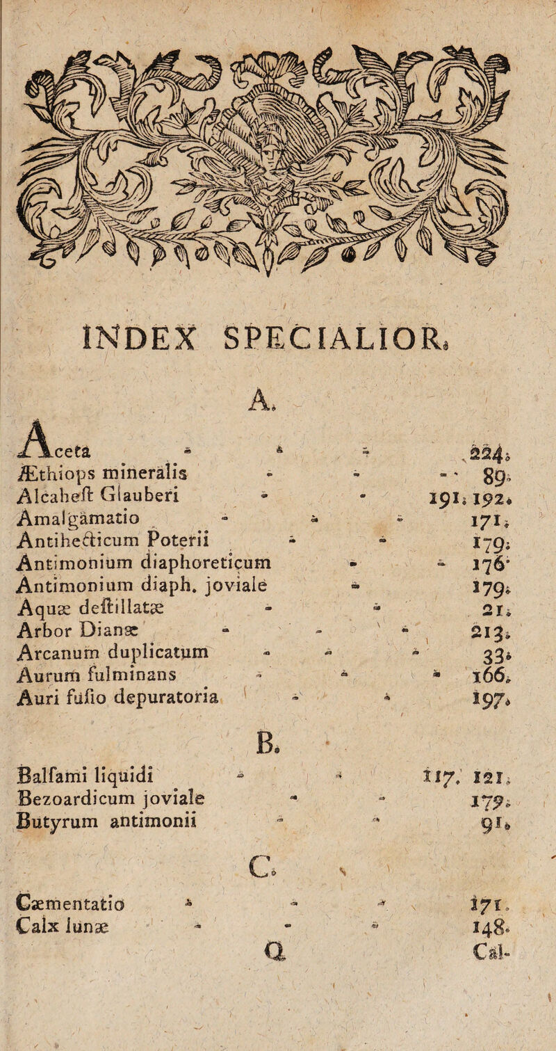 d. jLceta - /Ethiops mineralis Alcaheft Giauberi Amalgamatio Antihedicum Poterii Antimonium diaphoreticum Antimonium diaph. joviale Aquse deftillatse Arb or Dianae Arcanum duplicatum Aurum Fulminans Auri fsifio depuratoria -' 89’ igi, 1^2* 171^ I79i - 176* 179* 21* 213, 33* - 166* i 97* 1 B. ‘ Balfami liquidi * j Bezoardicum joviale Butyrum antimonii c Caementatics A Calx iunse - a I/, 121. 179 i 148*