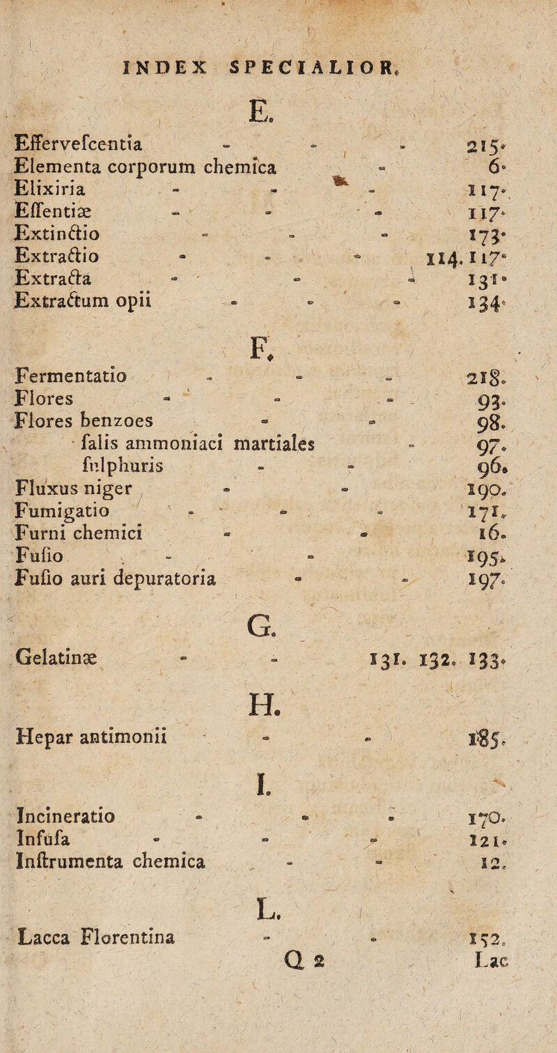 EiTervefcentia - - - 215* Elementa corporum chemica . 6° Elixiria - - * - 117* Effentise - - - 117* Extindio - Extradio - 114.117- Extrada - i 131- Extradum opii sfc © F. i34’ . ’ -.H:-. ; . • - , • , 7. , ' Fermentatio - 2l§& Flores <a 93« Flores benzoes es 98» falis ammoniaci martiales 97* fulphuris Fluxus niger 93 96® 190. Fumigatio Furni chemici 03 171, - 16» Fufio <Sk 195. Fufio auri depuratoria m l -..'f 4. • • G. * IQ7 * Gelatinx ■J!% -*1 131. 132« 133- V”v' ; ■ _ H.  -;1- - rj ’ Hepar antimonii 1 • i;85* % Incineratio &> • 170» Infufa ea 12 l * Inftrumenta chemica r , «*■ , 12, L. J ' . v7- ‘ .. - Lacca Florentina «■ Q 2 I^2C Lac >