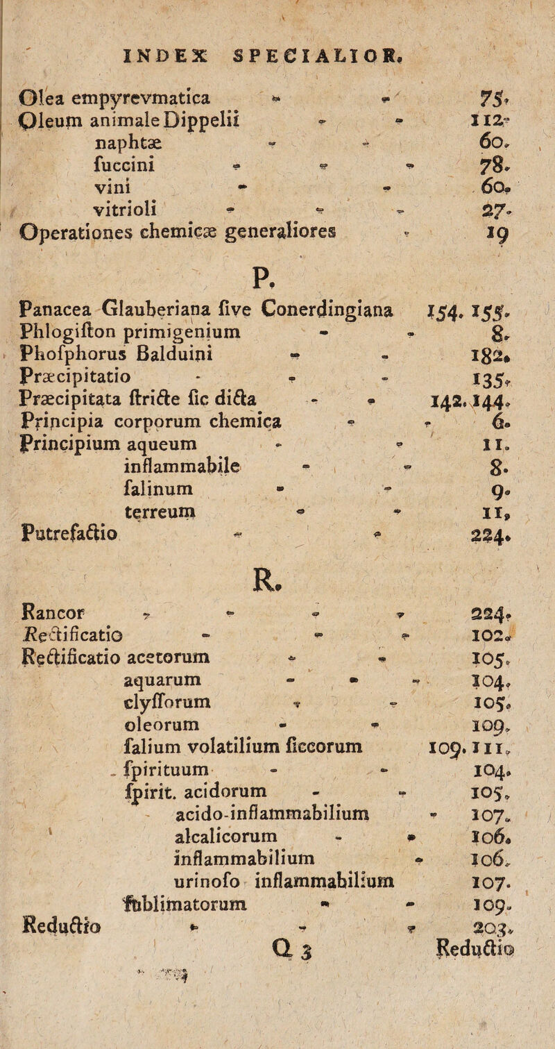 Olea empyrevmatica * «• Oleum animale Dippelii naphtae - * fuccini * * * vini * vitrioli *' * Operationes chemicse generaliores 75* II2~ 60* 78. 6o® 27* 19 p. Panacea Glauberiana five Conerdingiana Phlogifton primigenium - - Phofphorus Balduini - Praecipitatio * -p Praecipitata ftri&e fic diCa - • Principia corporum chemica Principium aqueum inflammabile falinum 154» 155* 8. 182* *35* 142,144» r 6» 11, 8* 9- terreum - ^ Putrefacio - 11» 224» R. Rancor r - • ▼ Reilificatio - - *■ ReCificatio acetorum - * 224. 102« 10 5, aquarum - • cly florum * oleorum - - 104, 105« 109, falium volatilium flceorum 109.111» . fpirituum - - 104. fpirit. acidorum - ■? 105, acido-infiammabilium - 107« alcalicorum - * lo6„ inflammabilium * io6„ urinofo inflammabilium 107. f&blimatorum - - 109- Reduftfo * * * 2Q3* <2 3 Redu&io> * Tei ' '