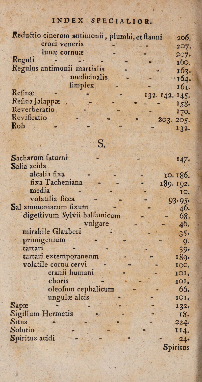 INDEX SPECIALIOR. Eedu&io cinerum antimonii, plumbi, et ftanni 206. croci veneris lunae cornuae Reguli Regulus antimonii martialis medicinalis S fimpiex Refinae Refina Jalappae N - , lieverberatio Revifieatio Rob - .§§ - 207. 207. - 160. 163. 164. 161. 132« 142. 145. 158. 170. 203. 205. 132. s. Sacbarum faturnr - - 147. Sal ia acida alcalia fixa IO. lg6. fixa Tacheniana 189. 192. media IO. volatilia ficca 93*95* Sal ammoniacum fixum 4 6. digeftivum Sylvii balfamicum - 68* vulgare 46. mirabile Glauberi 35* primigenium 9* tartari 39. tartari extemporaneum 189. volatile cornu cervi 100. cranii humani 101. eboris - • ior* oleofum cephalicum 66, ungulae alcis IOI, Sapae - 132. Sigillum Hermetis */ 18* Situs - 224. Solutio 114. Spiritus acidi - 24. Spiritus >