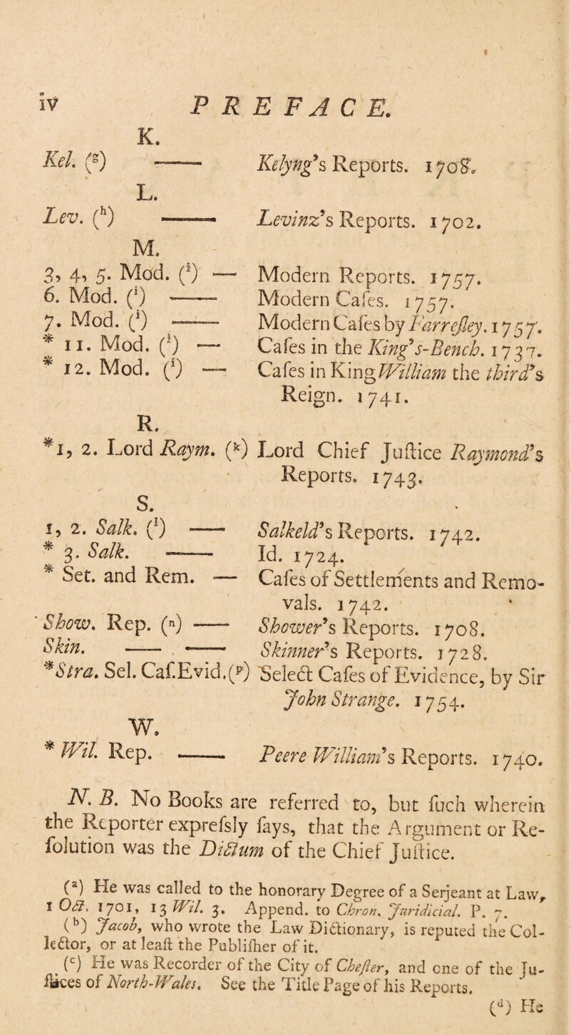 I iv PR Kel. (*) E— L. Lev. (h) —— M. 3? 4”> 5* MIod. ' — 6. Mod. (0 ——- 7. Mod. (*) — * 11. Mod. (!) — * 12. Mod. (f) — E FACE. Kelyng's Reports. 170$. Levinz9s Reports. 1702. Modern Reports. 1757. Modern Cafes. 1757. Modern Cafes by Farrejley. 1757. Cafes in the King9s-Bench. 1737. Cafes in King William the third9% Reign. 1741. R. 2* Cord Raym. (K) Lord Chief Juftice Raymond's Reports. 1743. S. 1, 2. Salk. (]) — Salkeld’s Reports. 1742. *3. 6WC _ Id. 1724. * Set. and Rem. -— Cafes of Settlements and Remo¬ vals. 1742. Show. Rep. (n) - Shower's Reports. 1708. Skin.-^ —r Skinner9s Reports. 1728. *Stra. Sel. Caf.Evid.(F) Select Cafes of Evidence, by Sir John Strange. 1754. W. * /W/. Rep. --- Peeve William's Reports. 1740. .Af R. No books are referred to, but fuch wherein the Reporter exprefsiy fays, that the Argument or Re¬ solution was the DiStum of the Chief juftice. O He was called to the honorary Degree of a Serjeant at Lawr 1 03. ijoi, 13 Wil. 3. Append. to Chron. Jztridicial. P. y. ( b) Jacob, who wrote the Law Dictionary, is reputed the Col¬ lector, or at lead the Publilher of it. (c) He was Recorder of the City of Chefter, and one of the ju¬ ices of North-Wales. See the Title Page of his Reports. (d) He