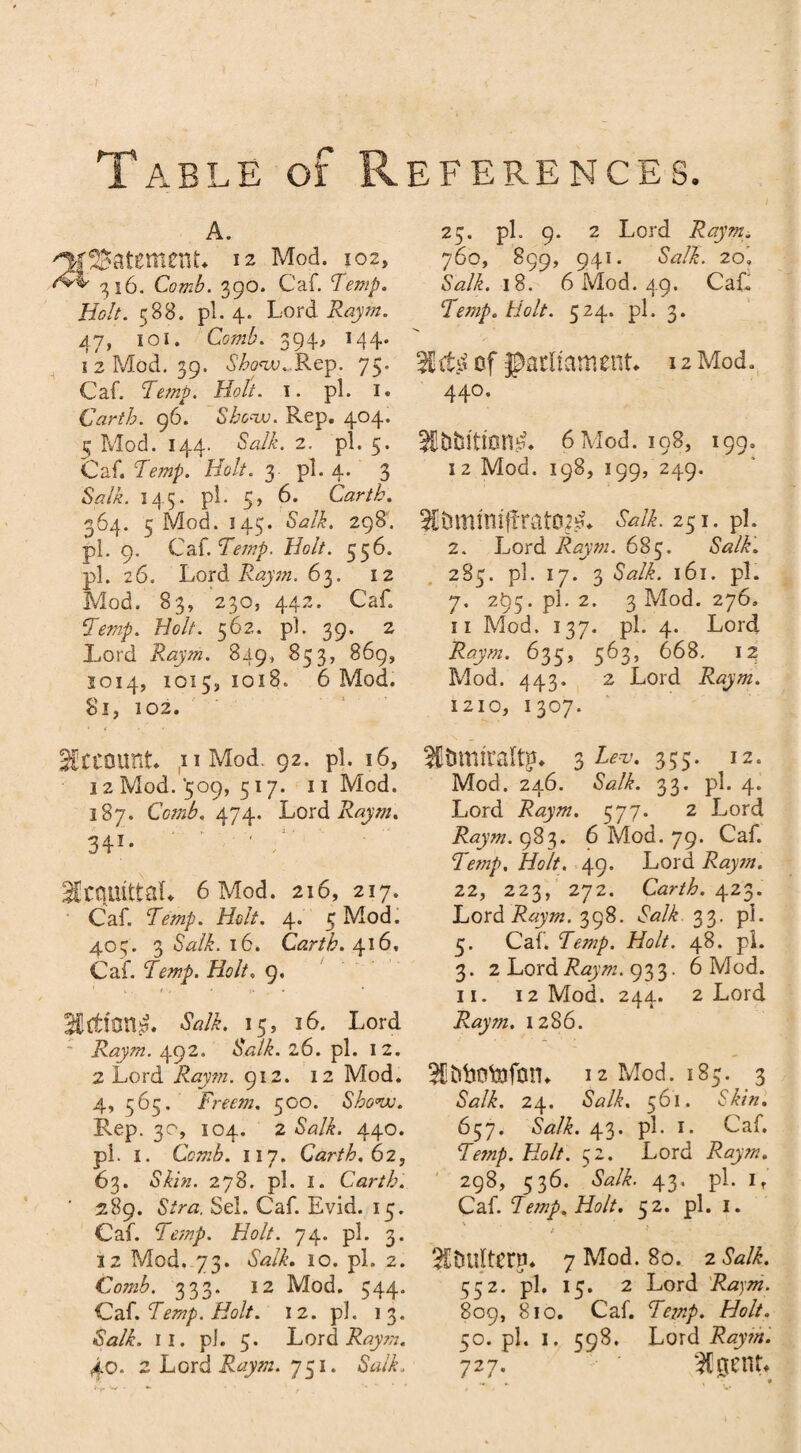 Table of References. A. 'MS&atement* 12 Mod. 102, 316. Comb. 390. Caf. Temp. Holt. 588. pi. 4. Lord Raym. 47, 101. Comb. 394, 144. 1 2 Mod. 39. d'^ow. Rep. 75. Caf. Temp. Holt. i. pi. I. Carth. 96. Shew. Rep. 404. 5 Mod. 144. <Wi. 2. pi. 5. Caf. Temp. Holt. 3. pi. 4. 3 &7/C 145. pi. 5, 6. Carth. 364. 5 Mod. 145. *WL 298. pi. 9. Caf. Temp. Holt. 556. pi. 26. Lord Raym. 63. 12 Mod. 83, 230, 442. Caf. Temp. Holt. 562. pi. 39. 2 Lord Raym. 849., 853, 869, 2014, 1015, 1018. 6 Mod. 81, 102. Account II Mod. 92. pi. 16, 12 Mod.’509, 517. 11 Mod. 187. Comb. 474. Lord Raym. 341- ' A IcquittaL 6 Mod. 216, 217. Caf. Temp. Holt. 4. 5 Mod. 403. 3 SWL 16. Carth. 416. Caf. Temp. Holt, 9. dWL 15, 16. Lord - Raym. 4.92. Salk. 26. pi. 12. 2 Lord Raym. 912. 12 Mod. 4, 565. Freem. 500. Show. Rep. 3c, 104. 2 Salk. 440. pi. I. Comb. 117. Carth. 62, 63. 278. pi. I. Carth. ' 289. S7/yz. Sel. Caf. Evid. 15. Caf. LW/. 74. pi. 3. 12 Mod. 73. Salk. io. pi. 2. Comb. 333. 12 Mod. 544. Caf. Temp. Holt. 12. pi. 13. Salk. II. pi. 5. Lord Raym. Ao. 2 Lord Raym. 751* 25. pi. 9. 2 Lord Raym. 760, 899, 941. <SWL 20. 6WL 18. 6 Mod. 49. Ca£ Temp. Holt. 524. pi. 3. of parliament* 12 Mod. 44°. Ibbltton^. 6 Mod. 198, 199. 12 Mod. 198, 199, 249. SCijmmiffrato?^* Salk. 251. pi. 2. Lord Raym. 685. Salk. 285. pi. 17. 3 5WL 161. pi. 7. 295. pi. 2. 3 Mod. 276, 11 Mod. 137. pi. 4. Lord Raym. 635, 563, 668. 12 Mod. 443. 2 Lord Raym. 1210, 1307. Itmitmlt?. 3 Lev. 355. 12. Mod. 246. <SVL 33. pi. 4. Lord Raym. 577. 2 Lord Raym. 983. 6 Mod. 79. Caf. Temp, Holt. 49. Lord Raym. 22, 223, 272. Carth. 423. Lord Raym. 398. dWL 33. pi. 3. Caf. Temp. Holt. 48. pi. 3. 2 Lord Raym. 933. 6 Mod. 11. 12 Mod. 244. 2 Lord Raym. 1286. ^DbOltlfOIL 12 Mod. 185. 3 Salk. 24. Salk. 561. Skin. 657. *WL 43. pi. 1. Caf. Tetnp.Holt. 32. Lord Raym. 298, 536. Salk. 43, pi. IT Caf. Temp. Holt. 52. pi. 1. /. * ^Etiulterp* 7 Mod. 80. 2*WC 552. pi. 15. 2 Lord Raym. 809, 810. Caf. Temp. Holt. 50.pl. i. 598. Lord Raym. 727. detent.