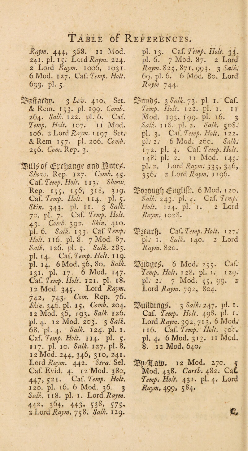 Raym. 444, 368. 11 Mod. 241. pi. 15. Lord Raym. 224. 2 Lord Raym. 1006, 1031. 6 Mod. 127. Ca {.Temp. Holt. 699. pi. 5. feaftatm. 3 Lev. 410. Set. & Rem. 153. pi. 199. Comb. 264. Salk. 122. pi. 6. Caf. Te?np. Holt. 107.' 11 Mod. 106. 2 Lord Raym. 1197 Set. & Rem 157. pi. 206. Comb. 256. Com. Rep. 3. SBillsof oHjaljanae anti J^oteg. Show. Rep. 127. Comb. 45. Cat. Temp. Holt. 113. Show. Rep. 155, 156, 318, 319. Cal. Temp. Holt. 114. pi. 5. Skin. 343. pi. II. 3 Salk, jo. pi. 7. Caf. Temp. Holt. 43. Comb■ 392. •S’/Ltz. 410. pi. 6. Salk. 133. Caf Temp. Holt. 116. pi. 8. 7 Mod. 87. Salk. 126. pi. 5. Salk. 283. pi. 14. Caf. Temp. Holt. 119. pi. 14. 6 Mod. 36, 80. Salk. 131. pi. 17. 6 Mod. 147. Caf. Temp. Holt. 121. pi. 18. 12 Mod. 345. Lord Raym. 742, 743. Com. Rep. 76. Skin. 346. pi. 15. Cotnb. 204. 12 Mod. 36, 193. Salk. 126. pi. 4. 12 Mod. 203. 3 Salk. 68. pi. 4. Salk. 124. pi. 1. Caf. Temp. Holt. 114. pi. 5* 117. pi. 10. Salk. 127. pi. 8. 12 Mod. 244, 346, 310, 241. Lord Raym. 442. Stra. Sel. Caf. Evid. 4. 12 Mod. 380, 447, 521. Caf. Temp. Holt. 320. pi. 16. 6 Mod. 36. 3 Salk. 118. pi. 1. Lord Raym. 442, 364, 443, 538, 57;. 2 Lord Raym. 758. Salk. 129. pi. 13. Caf. Hemp. Holt. 33. pi. 6. 7 Med. 87. 2 Lord' ^<277/7.825,871,993. 3 Salk* 69. pi. 6. 6 Mod. 80. Lord j?«7//z 744, Srfltltlg. 3 Salk.jl■ pi- I- Caf. Temp. Holt. 122. pi. 1. 11 Mod. 193, 199. pi. 16. 3 Salk. 118. pi. 2. Salk. 508. pi. 3. CaTemp. Holt. 122® pL 2. 6 Mod. 260. Salk. 172. pi. 3. Caf. Temp. Holt. 148. pi. 2. ii Mod. 145. pi. 2. Lord Raym. 335, 346, 356. 2 Lord Raym. 1196. 2oO2CU0ij 4EngHffL 6 Mod. 120. Salk. 243. pi. 4. Caf. lemp: Holt. 124. pi. 1. 2 Lord Raym. 1028. Caf. Temp. Holt. 127.' pL 1. <SWL 140. 2 Lord Raym. 820. 2P$Dljeg«; 6 Mod. 255. Caf. Temp. Holt. 1 28. pi. 1. 129. pi. 2. 7 Mod. 55, 99. 2 Lord Raym. 792, 804. Siriltringg. 3 Salk. i^j* pi. 1. Caf. Temp. Holt. 498. pi. 1. Lord Raym. 392, 71 3. 6 Mod,' 116. Caf. Temp. Holt. 50cv pi. 4. 6 Mod. 313. 11 Mod. 8. 12 Mod. 640. $&$''%ato. 12 Mod. 27c. 5 Mod. 438. Carth. 482. Ca£ Temp. Holt. 431. pi. 4. Lord ^<27/^,499, 584. CL.