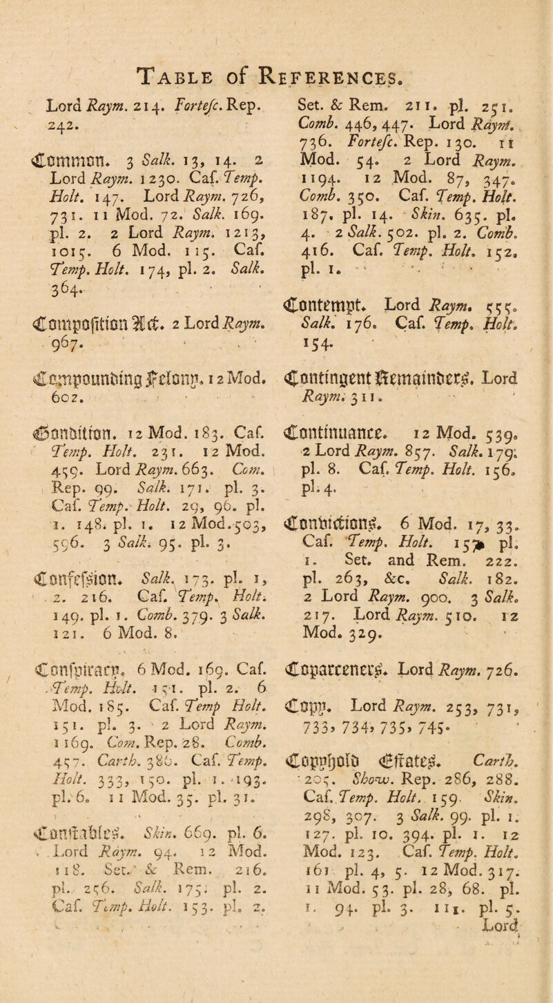 Table of References. Lord Raym. 214. Fortejc. Rep. 242. Common. 3 Salk. 13, 14. 2 Lord Raym. 1230. Caf. Temp. Holt. 147. Lord Raym. 726, 731. 11 Mod. 72. Salk. 169. pi. 2. 2 Lord Raym. 1213, 1015. 6 Mod. 115. Caf. Temp. Holt. 174, pi. 2. Salk. 364. CcmpojitionICct. 2 Lord 967. £ cjnpoun&mg Jetai)!. 12 Mod. 60Z. ^onbitmn. 12 Mod. 183. Caf. Temp. Flolt. 231. 12 Mod. 439. Lord Raym. 663. Rep. 99. Salk. 171. pi. 3. Cal. Temp.- Holt. 29, 96. pi. 1. 148.pl. 1. 12 Mod.503, 596. 3 Salk. 95. pi 3. Confefsion* Salk. 173. pi 1, .2. 216. Caf. Temp. Holt. 149. pi 1. Comb. 379. 3 Salk. 121. 6 Mod. 8. Confpirarm 6 Mod. 169. Caf. . Temp. Holt. 1  I. pi 2. 6 Mod. 185. Caf. Temp Holt. 151. pi 3. 1 2 Lord Raym. 1169. Com. Rep. 28. Comb. 437. Carth. 38O. Caf. Temp. Holt. 333, 130. pi 1. 193. pi. 6. 11 Mod. 35. pi 31. Camiafslesi Skin. 669. pi. 6. * . Lord Raym. 94. 1 2 Mod. si8. Sec./' & Rem. 216. pi 236. Salk. 173. pi 2. Caf. Temp. Holt. 153. pi 2. Set. & Rem. 211. pi. 231. Co/#L 446, 447. Lord Raynt. 736. Fortefc. Rep. 130. it Mod. 54. 2 Lord Raym. 1194. 12 Mod. 87, 347,, Comb. 350. Caf. Femp. Holt. 187. pi 14. Skin. 635. pi 4. 2 302. pi. 2. Conib. 416. Caf. Femp. Holt. 152. pi. I* 1 ' • ' • Contempt* Lord Raym, 3330 Salk. 176. Caf. Femp. Holt, 154. ■ Contingent ^emaintieDi Lord Raym. 3 11. Continuance* 12 Mod. 539, 2 Lord Raym. 837. Salk. 179. pi 8. Caf. TV/#/. Holt. 136. Pi. 4. (Honfoictiang. 6 Mod. 17,33. Caf. Femp. Holt. 13^ pi i. Set. and Rem. 222. pi 263, &c. Salk, 182. 2 Lord Raym. 900. 3 &?/£„ 217. Lord Raym. 310. 12 Mod. 329. Coparcener* Lord Raym. 726. Copp* Lord Raym. 253, 73 is 733> 734> 735> 74S* Copnljoio CtratejL Carth. ■203. Sbonv. Rep. 2S6, 288. Cat. Femp. Holt. 139. Skin. 29S, 307. 3 &/£. 99. pi 1. 127. pi 10. 394. pi 1. 12 Mod. 123. Caf. Femp. Holt. 161 pi 4, 3. 12 Mod. 317. 11 Mod. 53. pi. 28, 68. pi 1. 94. pi 3. iii. pi 5. . . • Lord