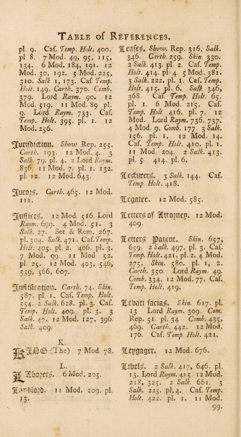 pi 9. Caf. Temp. Holt. 40o. pi 8. 7 Mod. 49, 95, 115, 134. 6 Mod. 184, 191. 12 Mod. 30, 192. 5 Mod. 225, 310. Salk 1, 173. Ca( Temp. Holt. 149. Carth. 370. Comb. 379. Lord Raym. 90. 12 Mod. 519. 11 Mod. 89 pi. 9. Lord Raym. 733. Caf Temp. Holt. 39c. pi. I. 12 Mod. 256. . -V ^urifmlftnn. Rep. 255. Carth. 193. 12 Mod. 4. 3 Salk. 79. pi. 4. 2 Lord Raym. 836. II Mod. 7. pi. I. 132. pi. 12. 12 Mod. 643. 9jut02$. Carth. 465. 12 Mod. III. 12 Mod. 516. Lord Raym. 699. 4 Mod. 51. 3 Salk. 27. Set. & Rem. 267. pi. 3 04. 471* Caf. Temp. Belt. 405. pi. 2. 406. pi. 3. 7 Mod. 99. 11 Mod 52. pi 25. 12 Mod. 403, 546, 539, 566, 607. * \ . * Sufltfxcatton. Carth. 74. 587. pi. 1. Caf. Temp. Holt. 534. 2 Salk. 628. pi. 3. C'af. Hemp. Holt. 409. pi. 3* 3 <SVL 47. 12 Mod. 127, 396.' Salk. 409. n v K. Cifce) 7 Med. 78. L. 6 Mod. 205. JT.P11 Mod. 209. pi. 13° Showi-. Rep. 316. SMi. 346. Carth. 259. 330. 2 Salk. 413. pi. 2. Caf. Temp. Holt. 414. pi-4 5 Mod. 381. 3 dVL 222, pi. 1. Caf. Temp. Holt. 413. pi. 6. &z/£ 346, 368 Caf Hemp. Holt. 65. pi. 1. 6 Mod. 215. CaL Holt 416. pi. 7. 12 Mod. Lord Raym. 736, 737* 4 Mod. 9. Comb. 177 3 <SWi. 156. pi. 1. 12 Mod. 14° Caf. Temp. Holt. 410. pi. 1. 11 Mod. 204. 2 Salk. 413. pi. 5 414. pi. 6. £.etturer& 3 144. Caf, Holt. 418. !3U3&t?£. 12 Mod. 583. of 12 Mod* 409. f JUfterg patent* Skin. 657, 6$g. 2 Salk. 497. pi. 3. Caf. Temp. Holt. 421. pi. 2. 4 Mod. 275. Skin. 580. pi. 1, 2. Carth. 330. Lord Raym. 49. Comb. 334. 12 Mod. 77. CaL #<?//. 419, . \ ;• H.eban facial 617. pi. 13 Lord Raym. 309. Com. Rep. 51. pi. 34 Comb. 433j 469. Carth. 442. 12 Mod.' 176. Caf. Sfawjfr. Holt. 421. ftC^gfagCE 12 Mod. 676. 2 417, 646. pi. 13. Lord Raym. 415. 12 Mod. 218, 323. 2 Salk. 661. 3 •SVi. 225. pi. 4. Ca.{. Temp. Holt. 422. pi, 1. ii Mod. 99“