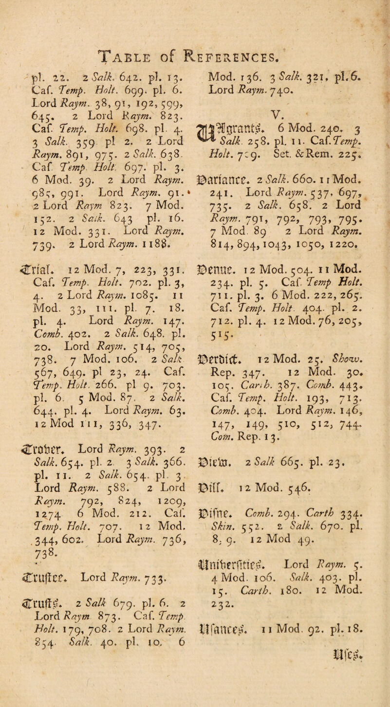 -pi. 2 2. 2 Salk, 642. pi. I 3. Caf. Temp. Holt. 699. pi. 6. Lord JRaym. 38, 91, 192, 599, 645. 2 Lord K/3)7^. 823. Caf- Temp. Holt. 698. pi. 4. 3 iWL 359 pi 2. 2 Lord Raym. 891, 975. 2 «WL 638. Caf Temp Holt. 697. pi. 3. 6 Mod. 39. 2 Lord Raym. 983, 991. Lord Raym. 91.* 2 Lord 823. 7 Mod. 152. 2 Saik. 643 pi. 16. 12 Mod. 331. Lord Raym. 739. 2 Lord Raym. 1188. CnsL 12 Mod. 7, 223, 331. Caf. Temp. Holt. 702. pi. 3, 4. 2 Lord Raym. 1085. 11 Mod. 33, hi. pi. 7. 18. pi. 4. Lord Raym. 147. Comb. 402. 2 Salk. 648. pi. 20. Lord Raym. 514, 705, 738. 7 Mod. 106. 2 iSW.£ 567, 649. pi 23, 24. Caf. Temp. Holt. 266. pi 9. 703. pi. 6. 5 Mod. 87. 2 SVi. 644. pi. 4. Lord Raym. 63. 12 Mod i n, 336, 347. Ci'OlUT. Lord Raym. 393. 2 Salk. 654. pi. 2. 3 Salk. 366. pi. 11. 2 654. pi, 3 Lord Raym. 588. 2 Lord Raym. 7 92, 824, 1209, 1274 6 Mod. 212. Caf. Temp. Holt. joy. 12 Mod. 344,602. Lord i&ywz. 736, 738. CntjTCf* Lord Raym. 733. CnijdiL 2 SW/i 679. pi. 6. 2 .Lord 873. Caf. Temp Holt. 179, 708. 2 Lord 7?*74772. 854. Salk. 40. pi. 10, 6 Mod. 136. 3 Salk. 321, pi.6. Lord Raym. 740. V. « jri3$grants 6 Mod. 240, 3 Salk. 258. pi. 11. Q^.Temp. Holt. 7:9. Set. &Rem. 225. Variance* 2 660.1 r Mod. 241. Lord Raym. 337, 697, 733. 2 Salk. 658. 2 Lord 79L 792> 793> 795* 7 Mod. 89 2 Lord Raym. 814,894,1043, 1050, 1220. ©01100. 12 Mod. 304. 11 Mod. 234. pi. 3. Caf. Temp Holt. 711. pl. 3. 6 Mod. 222, 263. Caf. Temp. Holt. 404. pi. 2. 712. pi. 4. 12 Mod. 76, 203, 5'S- ©fftiict* 12 Mod. 23. Show. Rep. 347. 12 Mod. 30. 103. Canh. 387. Comb. 443. Caf. Temp. Holt. 193, 713. Co?nb. 404. Lord Raym. 146, 147, 149’ 510> 512> 744* Com. Rep. 13. ©(Lai. 2 Salk 663. pi. 23. MU 12 Mod. 346. ©lfll0* Comb. 294. Carth 334* Skin. 352. 2 670. pi. 8; 9. 12 Mod 49. Uniberjlti^. Lord Raym. 3. 4 Mod. 106. Salk. 403. pi. 13. Carth. 180. 12 Mod. 232. 11 Mod. 92. pi. 18.