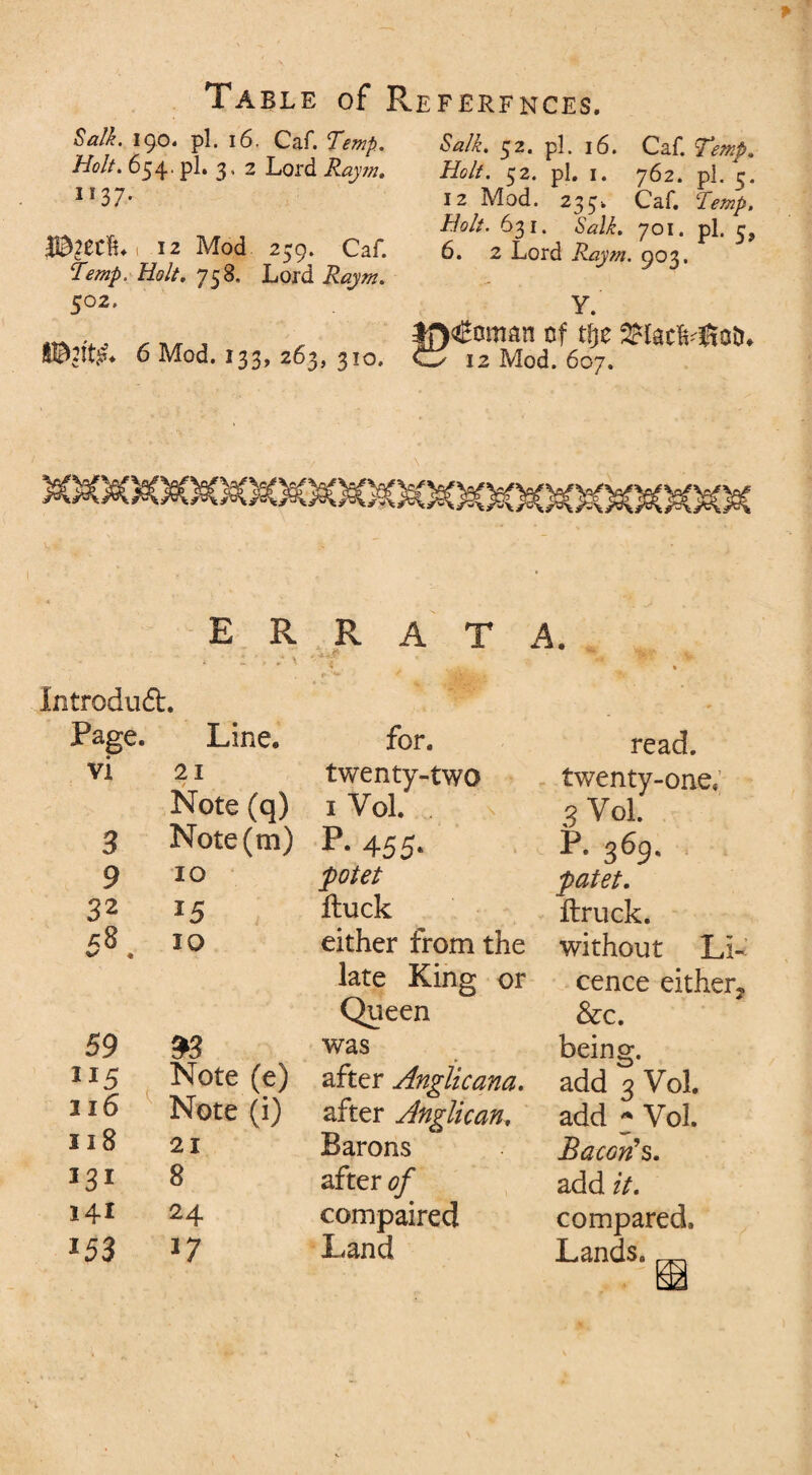 Salk. 190. pi. 16. Caf. Temp. Holt. 654. pi. 3. 2 Lord Raym. 1137. 12 Mod 259. Caf. Temp. Holt. 758. Lord 5°2. 6 Mod. 133, 263, 310. Salk. 52. pi. 16. Caf. Temp. Holt. 52. pi. 1. 762. pi. 5. 12 Mod. 233. Caf. Temp. Holt. 631. Salk. 701. pi. 3, 6. 2 Lord Raym. 903. Y. €cman of tfje Sttacfs^ftotu 12 Mod. 607. errata. Introduft. Page. Line. for. VI 21 twenty-two 3 Note (q) Note(m) 1 Vol. f** 455* 9 10 potet 32 *5 ftuck %/ « 10 either from the 59 £3 late King or Queen was “5 Note (e) after Anglicana. ll6 Note (i) after Anglican. Jl8 21 Barons 8 after of 141 24 compaired 153 17 Land read. twenty-one* 3 Vol. p. 369. pat-et. flruck. without Li¬ cence either, &c. being, add 3 Vol. add * Vol. Bacon's. add it. compared. Lands.