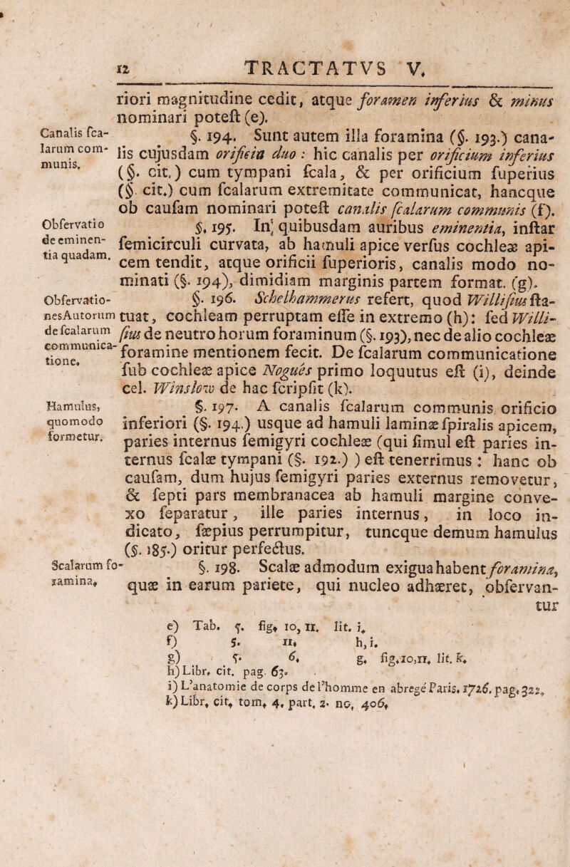 11 TR ACTATVS V. Canalis fca- CbrervatiQ riori magnitudine cedit, atque foramen inferius & minus nominari poteft (e), §. 194, Sunt autem illa foramina (§. 193.) cana- lamm com* jjs cujus(jam orificia duo : hic canalis per orificium inferius munis> (§• cit.) cum tympani fcala, & per orificium fuperius (§. cic) cum fcalarum extremitate communica t, haocque ob caufam nominari poteft canalis fcalarum communis (f). Si i95- In] quibusdam auribus eminentia, inftar decmmen- fetnicirculi curvata, ab hamuli apice verfus cochlea api- tiagua am. cem tendit, atque orificii fuperioris, canalis modo no» minati (§. 194), dimidiam marginis partem format, (g). obfervatio- §• 196. Schelhammerus refert, quod V/illifimRa- nesAutorum tuat, cochleam perruptam elie in extremo (h): fed Willi- de fcalarum ^ neutro horum foraminum (§. 193), nec de alio cochlese ^™unica foramine mentionem fecit. De fcalarum communicatione fub cochlea apice Nogues primo loquutus eft (i), deinde cel. Winslow de hac fcripfit (k). §• 197- A canalis fcalarum communis orificio inferiori (§. 194.) usque ad hamuli laminae fpiralis apicem, paries internus femigyri cochleae (qui fimul eft paries in¬ ternus fcake tympani (§. 192.) ) eft tenerrimus : hanc oh caufam, dum hujus femigyri paries externus removetur, & fepti pars membranacea ab hamuli margine conve¬ xo feparatur, ille paries internus, in loco in¬ dicato, fepius perrumpitur, tuneque demum hamulus (§. s85-) oritur perfedus. Scalarum fo- §. 198. Scate admodum exigua habent foramina, ramina, quae in earum pariete, qui nucleo adhaeret, obfervan- tur e) Tab. f. figf 10, ir. Iit. i* 0 5. II. h, i. g) , ^ 6* g, fig*io,n, lit.h h) Libr, cit. pag, 6 i) L’anatomie de corps de fh orum e en abrege Faris. 1*716. pag« 322, k) Libr» cit, torri, 4, part, 2» not 406, Hamulus, quomodo formetur.