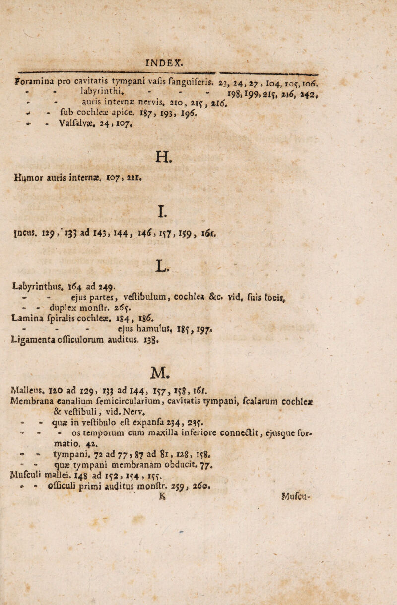 Foramina pro cavitatis tympani vafis (anguiferis. 23, 24, 27, 104,104,106, labyrinthi. - - . 198,199,21?, u6, »42, - - auris interna: nervis* 210, 214, %\$t w - fub cochleae apice. 187, 193, 196, *■ - Valfalvae* 24,107* H. Hqmo.r auris internae. 107, 2«. I. incus. 159,' 135 ad 143,144, 14* > itf. U9, 1 fo L. . ; , : / • '..V Labyrinthus* 164 ad 249. - - ejus partes, veflibulum, cochlea 8cc. vld* fuis lods# » - duplex monftr. 264. Lamina fpiralis cochleae, 184, i8<5* ejus hamulus* 184,197« Ligamenta ofliculorum auditus. 138, ... i '/ M. Malleus* 120 ad 1299 133 ad 144, 147, i?8, i6f. Membrana canalium femicircularium, cavitatis tympani, fcalarum cochlea & veftibuli, vid. Nerv* • * quae in veftibulo efl: expanfa 234, 23?. *» - - os temporum cum maxilla inferiore connc£tit, ejusque foi> matio, 42. * - tympani* 72 ad 77, $7 ad 81» »8, 1^8* ■* - quae tympani membranam obducit. 77* Mufculi mallei. 148 ad 142 , 144 , i?$. ** » ofliculi primi auditus monftr. 259, 2$q9 Mufcu-