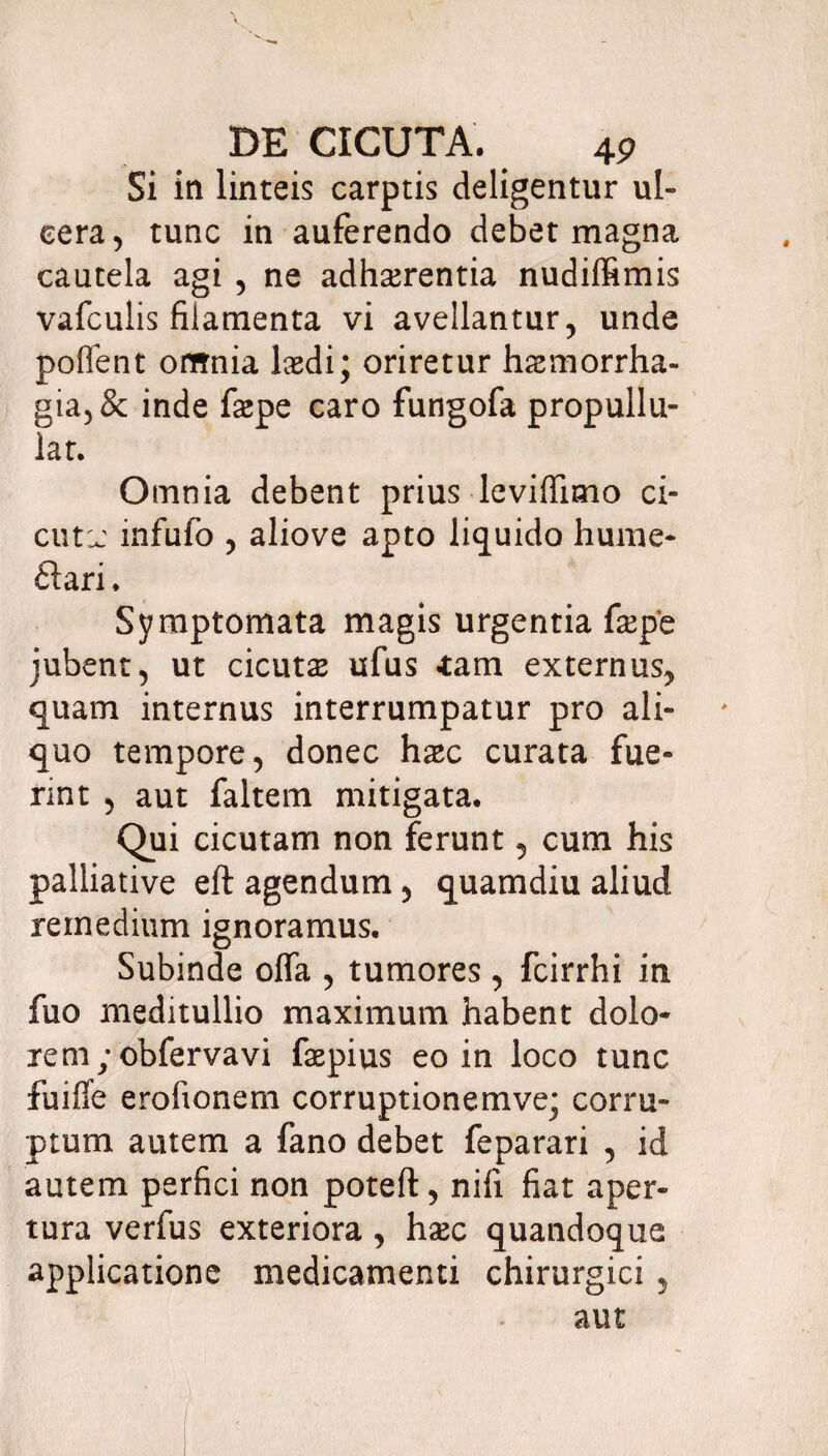 Si in linteis carptis deligentur ul¬ cera, tunc in auferendo debet magna cautela agi , ne adherentia nudilfimis vafculis filamenta vi avellantur, unde pollent omnia ledi; oriretur haemorrha¬ gia, & inde fepe caro fungofa propullu- lat. Omnia debent prius leviffimo ci- cutu mfufo , aliove apto liquido hume- £tari. Symptomata magis urgentia fepe jubent, ut cicute ufus «tam externus, quam internus interrumpatur pro ali¬ quo tempore, donec hec curata fue¬ rint , aut faltem mitigata. Qui cicutam non ferunt, cum his palliative eft agendum , quamdiu aliud remedium ignoramus. Subinde offa , tumores , fcirrhi in fuo meditullio maximum habent dolo¬ rem; obferva vi fepius eo in loco tunc fuiffe erofionem corruptionemve; corru¬ ptum autem a fano debet feparari , id autem perfici non poteft, nifi fiat aper¬ tura verfus exteriora, hxc quandoque applicatione medicamenti chirurgici , aut