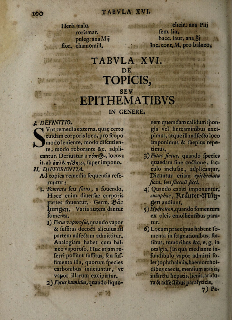 9 100 TABVLA XVI. Herb.malu. rorismar. pulegranaMij flor* chamomill* cheir* ana Piij fem. lin* bacc. laur. ana 35 Inc.cont,M* pro balneo* TABVLA XVI, TOPICIS, SEV EPITHEMATIBVS IN GENERE* / definitio. Vnt remedia externa, quae certo cuidam corporis loco, pro fcopo modo leniente, modo difcutien- te, modo roborante &c* adpli- cantur. Deriuatur a roV@^, locus; it. ab & tl&yut, fuper impono. 11 DIFFERENTIA. Ad topica remedia fequentia refe¬ runtur: I* Fomehtafeti fotus, a fouendo* Hisce enim diuerfae corporis partes fouentur* Germ. ^ungeti. Varia autem dantur fomenta* 1) Fotus vaporofus,quando vapor & fuflitus deco&i alicuius a*& partem adfe&am admittitur* Analogiam habet cum bal¬ neo vaporofo. Huc etiam re¬ ferri poliunt fuflitus, feu fuf- fimenta illa, quorum fpecies carbonibus iniiciuntur, vt vapor illarum excipiatur* 2) Fotus humidus, quando liquo¬ rem quemdam caliduni fpon- gia vel linteaminibus exci¬ pimus, atque illa adfe&o loco imponimus & faepius repe¬ timus* 3Fotus Jiccus, quando ipecies quaedam line co&ione, fac- culo inclufae, adplicanfur* Dicuntur etiam epithemata ficca, feujacculi ficci. 4) Quando capiti imponuntur, cucuphae r Krauter:=iTT%- ~ gen audiunt* 5) Hydroleon,quando fomentum ex oleis emollientibus para¬ tur. 6) Lgcum praecipue habent fo¬ menta in ftagnationibus, fta- flbus, tumoribus &c. e. g. in otalgia, (in qua mediante in¬ fundibulo vapor admitti fo- Iet)ophthalmia,haemorrhoi- dibus caecis, menfium ataxia, infarsu hepatis, lienis, aridu- f a & adfe&ibus paralyticis*