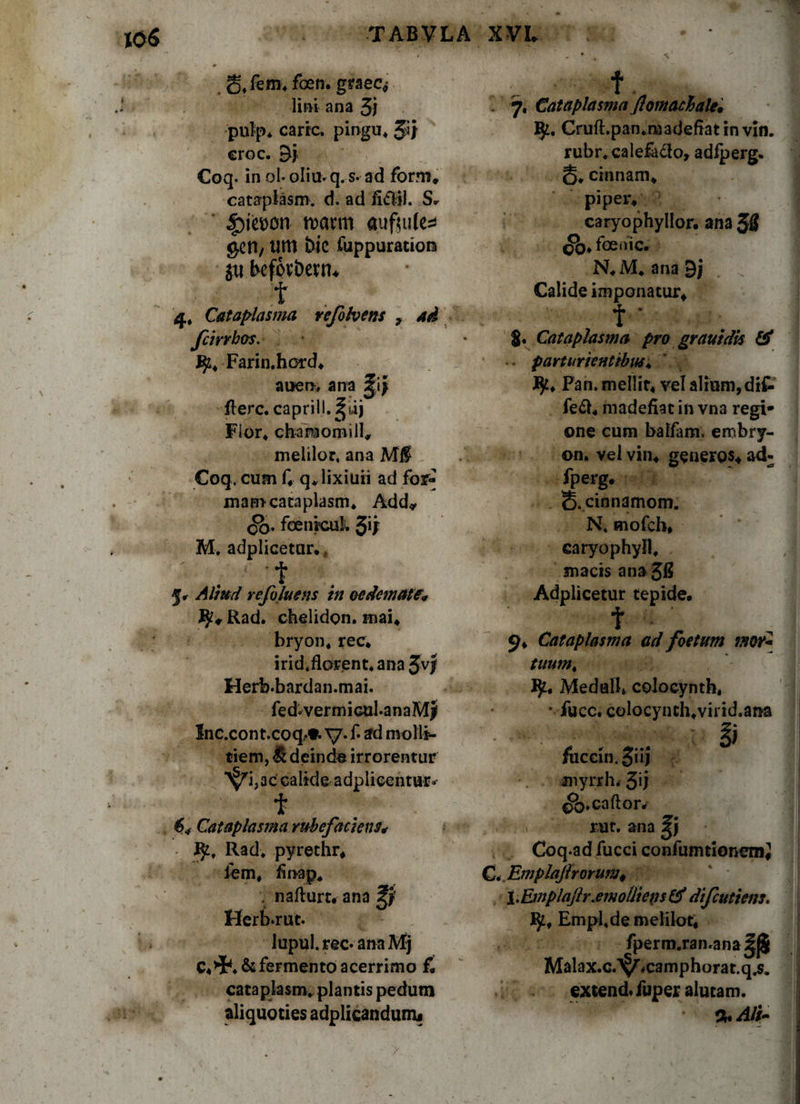 2),fero*foen. graec* lini ana 3) pulp. carie, pingu* 5*J eroc. 9j Coq. in ol- oliu.q. s- ad form, cataplasm. d. ad fi&il. |)ies>on mxm aufuile^ getl/ um bic fuppuration jti befovbetn* t 4, Cataplasma refohens ? fcirrbos. % Farin.hord* auer>, ana ^1} flere, caprili, Fior* chamomiil, melilor, ana MlS Coq, cum C q* lixiuii ad for-* mam-cataplasm* Add* oh, feenrcul. M. adplicetur., . 't . f. Aliud refoluens in oedemate* JJ^Rad. chelidon, mai* bryon, rec. irid.flarent. ana Jvf Herb.bardan.mai. fed^vermicttbanaMjl lnc.cont.coq,»*. V* f* xtd molli¬ tiem, & deinde irrorentur S^i,ac calide adplieentur.- t 64 Cataplasma rubefaciens* ■ Ijt, Rad. pyrethr* fem# finap* . nafturt. ana Herb.rut. lupul. rec*ana Mj C4>i*. & fermento acerrimo £ cataplasm. plantis pedum aliquoties adplicandurm . 7, Cataplasma flomaehale* Cruft.pan.madefiat inviti, rubr. calefacio, adfperg. S. cinnam* piper* caryophyllor. ana 3fi foenic. N*M*ana9j „ Calide imponatur* t ■ $. Cataplasma pro grauidis & -- parturientibus* Pan. mellir* vel alium, di£ fe£l. madefiat in vna regi* ©ne cum balfam, embry- ©n. vel vin* generos.» ad- fperg. <§.cinnamom. N. mofch, caryophyll. maris ana 3& Adplicetur tepide. t - 9* Cataplasma ad foetum mor* tuum, Meduli* colocynth, • fucc. colocynth*virid.ana fuccin.Jiij inyrrh* 3d QQ.caftor. r: > rut. ana Coq.ad fucci confum tionem J C.. EmplaJirorunji I. Emplajir.emolliens & di futi ens. fy, Empl.de mefilot* fperm.ran.ana Malax.c.^camphorat.q.s. extend.fuper alutam. % Alt-