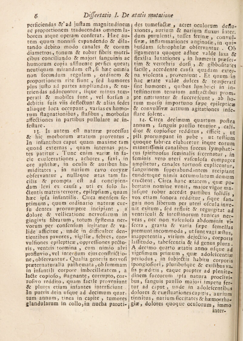 perficiendas &' ad juftam magnitudinem ac proportionem traducendas omnem la¬ borem atque operam conterat. Haec au* rem quum nonnifi expandendo dila¬ tando debito modo canales 8c eorum diametros, tonum & robur fibris motri- cibus conciliando & majori (anguinis ac humorum copia affluente perfici queat; neutiquam mirandum eff,fi haec omnia non fecundum regulam , ordinem & proportionem rite fiunt , fed humores plus jufto ad partes ampliandas, & nu¬ triendas adducuntur, iique minus tem¬ perati & mobiles funt , vel forfan a debitis fuis viis deflectunt & alias {edes aliaque loca occupant, varias ex humo¬ rum flagnationibus, ftafibus , morbolas affectiones in partibus pullulare ac in- ieftare. 15, Is autem efl naturae proceffus Se hic morborum statum proventus . In infantibus caput quam maxime tam quoad externas , quam internas par¬ tes patitur . Tunc enim vanae in fa¬ cie exulcerationes, achores , favi, in ore aphthae, in oculis & auribus hu- miditates , in narium cavo coryzae obfervantur , nullaque stas tam fa¬ cilis dr prompta efl ad concipien¬ dam levi ex caufa , uti ex (olo la¬ ctentis matris terrore, epilepfiam , quam hsc ipfa infantilis. Circa menfem (c- ptimum , quum ordinario naturae cur- fu dentes prorumpere incipiant , a dolore & vellicatione nervofarum in gingivis fibrarum, totum fyffema ner¬ vorum per confenfum irritatur Se va¬ lide afficitur , unde in difficulter den¬ tientibus pavores, vigiliae, febres, con- vulfiones epilepticae,oppreffiones pedo* ris, ventris tormina , cum nimio alvi profluvio,vel interdum ejusconftridIo¬ ne, obfervantur. Qualia genesis nervofi praeternaturalia pathemata , ob fumtnam in infantili corpore imbecillitatem , a lade copiofo, flagnante, corrupto, cor- rofivo reddito, quam facile proveniunt Se plures etiam infantes interficiunt In pueris dein ufque ad decimum quar¬ tum annum, tinea in capite , tumores glandularum in collo,m nucha paroti-j des tumefadae , acres oculorum deflu¬ xiones, aurium Se narium fluxus inter¬ dum purulenti, tuffes ferina, convul- fivse, inflammationes anginofie, in qui*» bufdam fchrophulae obfervantur . Ob ligamenta quoque adhuc valde laxa &e flexilia luxationes , in humeris praefer- tim de vertebris dorfi , Se gibbofitafes *. facile, accedente caufa quadam exter*» na violenta , proveniunt . Et qtuimdn hac astate valde dulces & temperati fint humores , quibus lumbrici in in- teffinorum tenuium anfqadibus prom¬ pte nutriuntur & fuccreIcunt , ab ho¬ rum morfu importuno faepe epileptica Se convulfivae artuum agitationes infe- flare (olent* 14* Circa decimum quartum poflea annum , fanguis paullo tenujor , cali. diqr Se copiofior redditus , efficit , ut pili prorumpant in pube , ut teflium quoque fabnea elaboretur inque eorum minutiffimis canalibus fuccus lymphati¬ cus (pirituofus (eminalis fecernatur , in feminis vero uteri vafculofa compages amplietur, canales tortuofi explicentur, (anguinem fuperabundantem recipiant eundemque nimis accumulatum demum erudent. Circa hanc aetatem , quae pu¬ bertatis nomine venit, major vigor ma- jufque robur accedit partibus (olidis vox etiam (onora redditur , fique fan¬ guis non liberum per uteri ofcula inve* nit exitum, fed refluit 8e regurgitat ad ventriculi Se inteflinorum tunicas ner- veas , nec non vafculofa abdominis vi- fcera , gravia Se varia fa?pe femellas premunt incommoda , ut funt vagi 2eflus inappetentia, virium dejedio, corporis lailitudo, tabefeentia & id genus plura. A decimo quarto artatis anno ufque ad vige fimum primum , quae adolelcentise periodus , in (ubjedis habitu corporis (pongiofiori, pluribufque &r exilibus va. fis P’arditis , eaque propter ad plenitu¬ dinem fuccorum »p(a natura proclivi¬ bus, (anguis paullo majori impetu fer¬ tur ad caput , unde fn adole(centibus dolores & exaefluationescapitis, aurium tinnitus, narium ficcitates Se haemorrha¬ giae, dolores quoque oculorum, immo inter-