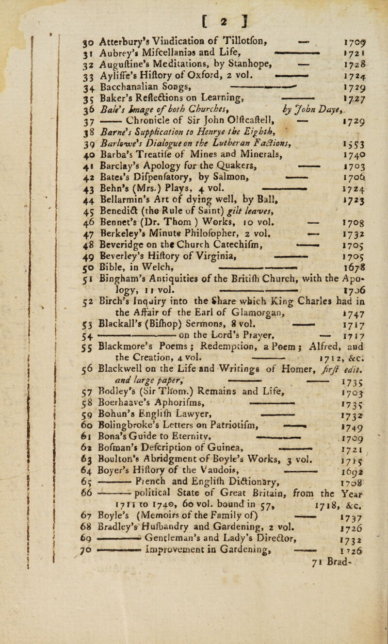 j ! [ 2 I 30 Atterburv’s Vindication of Tillotfon, 31 Aubrey’s Mifcellanfes and Life, 32 Auguftine’s Meditations, by Stanhope, 33 AylifFe’s Hiftory of Oxford, 2 vol. 34 Bacchanalian Songs, -— 35 Baker’s Reflexions on Learning, 36 Bale's Image of both Churches, 37 . ——Chronicle of Sir John Olftcaftell, by fohn Daye, 17 172 f 1728 1724 *729 I7.27 38 Barne's Supplication to Henrye the Eighth, 39 Barloove's Dialogue on the Lutheran Factions, 40 Barba’s Treatife of Mines and Minerals, 48 Barclay’s Apology for the Quakers, 42 Bates’s Difpenfatory, by Salmon, — 43 Behn’s (Mrs.) Plays, 4 vol. —- 44 Bellarmin’s Art of dying well, by Ball, 45 Benedict (the Rule of Saint) gilt leaves, 46 Bennet’s (Dr. Thom ) Works, 10 vol, 47 Berkeley’s Minute Philofopher, 2 vol. 48 Beveridge on the Church Catechifm, 49 Beverley’s Hiftory of Virginia, — 50 Bible, in Welch, — *729 1553 174° 1703 1706 S724 1723 — I70$ — 1732 — 1703 - 170$ — 1678 51 Bingham’s Antiquities of the Britifh Church, with the Apo* logy, 11 vol. --———• 1706 52 Birch’s Inquiry into the Share which King Charles had in the A Bair of the Earl of Glamorgan, *747 |3 Blackall’s (Bilhop) Sermons, 8 vol. — 1717 54 ------on the Lord’s Prayer, — 1717 55 Blackmore’s Poems; Redemption, a Poem; Alfred, aud the Creation, 4. vol. ■——— 1712, &c. 56 Blackwell on the Life and Writings of Homer, firjl edit. and large paper, . -» — 57 Bodley’s (Sir Thom.) Remains and Life, 58 Boerhaave’s Aphorifms, —-—— 59 Bohan’s Engliih Lawyer, ■ ■ 60 Bolingbroke’s Letters on Patriotifm, ——« 61 Bona’s Guide to Eternity, —... 6z Bofman’s Defcription of Guinea. —— 63 Boulton’s Abridgment of Boyle’s Works, 3 vol. 64 Boyer’s Hiftory of the Vaudoi.% —-- 6$ —— Fiench and Englifh Dictionary, 66 ——-. political State of Great Britain, from 1711 ro 1740, 60 vol. bound in 57, 67 Boyle’s (Memoirs of the Family of) 68 Bradley’s- Husbandry and Gardening, 2 vol. 69 —^ Gentleman’s and Lady’s Director, Improvement in Gardening, 71 Brad-