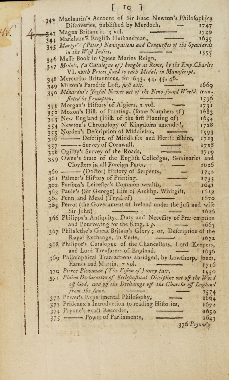 / ] 34a Maclaurin’t Account of Sir Ifa&c Newton’s Pvhilofgpbjca Difcoveries, publiflied by Murdoch, — 1747 ^41 Markham’f* Englifh Hufbandman, .—— 1635 Martyr's (Peter) Navigations and Conquejfes of the Spaniards in the Weft Indies, » ■ . — *— I555 ^46 Mafte Book in Queen Maries Reign, 347 Medals, (a Catalogue of) bought at Rome, by the Emp.Charles VI. with Prices fxed to each Medal, in Manufcript, 348 Mercurius Britannkus, for 1643, 44, 45, 46, 349 Milton’s Paradife Loft, frf edit, ' «->—— 1669 330 Mdnardus's Joyful Newes out of the New-found World, tran* jlated by Frampton, ---——■—» 3 596 351 Morgan’s Hiftory of Algiers, 2 vol. —■— 1731 352 Moxon’s Hift. of Printing, (fome Numbers of} 1683 333 New England (Hift. of the firft Planting of) 1654 -754 Newton’s Chronology of Kingdoms amended, 1728 355 Norden’s Befcription of Middlefex, ■■■■” 1593 336 —-- Defeript. of Middle fix and Hertfo dftiire, 1723 357 Survey of Cornwall, ■ ■■ ■ 37 ?S 358 Ogilby’s Survey of the Roads, .. 1719 359 Owen’s State of the Englifti Colledges, Seminaries and. Cloyfters in all Foreign Parts, ——- 1626 360 ———» (Dodor) Hiftory of Serpents, — 1742 361 Palmer’s Hiftory of Printing, —' 1733 362 Parfons’s Leicefter’s Common wealth, — 1641 363 Paule’s (Sir George) Life of Archbp, Whitgift, 1612 364 Penn and Mead (Tryalof) -.— 1670 365 Perrot (the Government of Ireland under the juft and wife Sir John) —-- —— 1626 366 Philipps’s Antiquity, Duty and NecefBty of Prm-emption and Pourveying for the King, l.p. ■——. 1663 367 Phiialethe’s Greai Britain’s Glory ; or, Defcription of the Royal Exchange, in Verfe, -—-—- 1672 36S Philipot’s Catalogue of the Chancellors, Lord Keepers, and Lord Treasurers of England, —-. 1636 369 Phijofophical Tranfaftions abridged, by Lowthorp, Jones, Fames and Martin, ^ vol. «—..—w 1716 370 Pierce Plowman (The Vifon of) very fair, 1 ^50 37 1 Plains Declaration of Ecclefaffical Difcipli.ne out of the Word off God, and of'the Declinings off the Churche off England from the fame, •— 15 74 372 Power’s Experimental Pfulofophy, .- 1664 373 Prideaux's Introduction to reading Hiftodes, 1672 374 Prynne’s exati Recorder, ———-— 1659 375 ——. Power of Parliaments, 1643 376 Prjnne'r