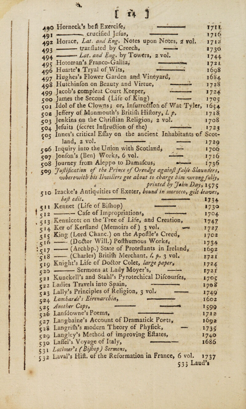 I £ 14 1 Lat, tranflated by Creech, Lat. and Eng* by Towers, 2 vol. ---* crucified Jefus, , ——■— ^92 Horace, Lat, and Eng. Notes upon Notes, £ vol, 493 494 ^96 Huarte’s Tryal of Wits, » ^.97 Hughes’s Flower Garden and Vineyard, 498 Hutchinfon on Beauty and Virtue, ~——— 499 Jacob’s compleat Court Keeper, —-- 500 Janies the Second (Life of King) —— 501 Idol of the Clowns; or, Infurredtfoii of Wat Tyler, 1716 171?; 1730 1744 1698 1684. 3728 1/24 *7°5 1654 1718 1708 502 jeffery of Monmouth’s Britifh Hiftory, /. p 5°3 Jenkins on the Chriftian Religion, 2 vol. 504 Jefuits (fecret Inllrudtion of the) «“» ^05 Innes’s critical EBay on the ancient Inhabitants of Scot¬ land, 2 vol. ■ •— 1729 ^©6 Inquiry into the Union with Scotland^ — 1706 5©7 Jonfon’s (Ben) Works, 6 vol. - 3716 508 Journey from Aleppo to Damafcus, 1736 509 JuJiification of the Prince of Orendge againf falfe Slaunders, therewith his llwillers gee about to charge him wrongfully, Izacke’s Antiquities of Exeter, bound in morocco, gilt leaves* 510 51* 512 5*3 bef edit. Kennet (Life of Bilhop) Cafe of Impropriation^ Kennicott on the Tree of Life, and Creation, ri4 Ker of Kerfland (Memoirs of) 3 v©L ci£j Kinp (Lord Chanc.) on the Apoftle’s Creed, . (Dc£tor Will.) Podhumous Works, (Archbp.) State of Proteftants in Ireland, r ^*jg _ (Charles) Britifti Merchant, 4 p. 3 vol, 519 Knight’s Life of 0o6tor Colet, large paper, z 20 ~—~~— Sermons at Lady Moyer’s, ——> 521 Kunckell’s and Stahl’s Pyroteehical Difcourfes, ^22 Ladies Travels into Spain, ^23 tally’s Principles of Religion, 3 voL - 424 Lombard?$ Eirenarckia* — ^25 Another Copy, - 1 -1™* -.l........™* 326 Lanfdowne’s Poems, -—1 ' 527 Langbaine’s Account of Dramatick Poets, i1% Langrilh’s modern Theory of Phylick, —* 529 Langley’s Method of improving Eftates, 530 Laffel’s Voyage of Italy, --— 331 Latimer’s (Bijhop) Sermons* 532 Laval’s Hill, of the Reformation in France, 6 vol. 5734 >73° *7°4 *747 *72 7 1702 17 34 5692 17 2 t I724 17 2 f I7°5 1708 *749 1602 *599 1712 1692 *735 *740 16 86 *737 533 Laud’s