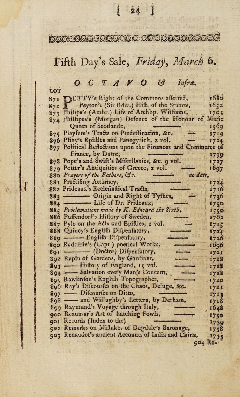 \ ? * Fifth Day’ ’s Sale, Friday, March 6. LOT OCTAVO & ■ Infra. iSia 1652 I70| 871 YjETTY’s Right of the Commons aflerted, 872 i Peyton’s (Sir Edw.) Hill. of the Stuarts, 873 Philips’s (Ambr ) Life of Archbp. Williams, 874 Phillipes’s (Morgan) Defence of the Honour of Marie Queen of Scodande, 31569 875 Playfere’s TraXs on PredeAinatiOn, &c. —» 171 g 876 Pliny’s EpiAles and Panegyrick, 2 vol. — 3724 877 Political Reflexions upon the Finances and Commerce of France, by Dutot, -— ■ -—— 3 7 $9 878 Pope’s and Swift’s Mifcellanies, &c» 9 vol. 1727 879 Potter’s Antiquities of Greece, 2 vol 880 Flayers of the Fathers, &c* ~ 1« 881 PraXifing Attorney, ——— 882 Prideautf’s Ecclefiaftical TraXs, « 883 —Origin and Right of Tythes, $84 ———— Life of Dr. Prideaux, — 885 Proclamations made by K* Edward the Sixth* 886 Puflendorf’s Hiflory of Sweden, 887 Pyle on the £Xs and Epiltles, 2 vol. 888 Quincy's Englilh Difpenfatory, 889 ——— Englilh Difpenfatory, no date* 890 RadclifFe’s (Capt ) poetical Works*. 891 —.— - (DbXor) Difpenfatory, —— 892 Rapin of Gardens, by Gardiner, 893 ——= Hiltory of England, 15 vol. «—- 894 — Salvation every Man’s Concern, —■ 895 Rawlinfon’s Englilh Topographer, -- 896 Ray’s Difcourfes on the Chaos, Deluge, &c. 897 — — Difcourfes on Ditto, — ■ > 898 --- and Willughby’s Letters, by Derharn, 899 Raymund’s Voyage through Italy, 900 Reaumur’s Art of hatching Fowls, 901 Records (Index to the) 902 Remarks on Miftakes of Dugdale’s Baronage, 903 Renaudot’s ancient Accounts of India and China, 904 Re 8724 1716 S7$6 I7SO 155© 87&2 17*5 1724 1726 1696 1721 1728 1728 1728 1720 1721 *7*1 1718 164$ *75® *739 •738 ■733