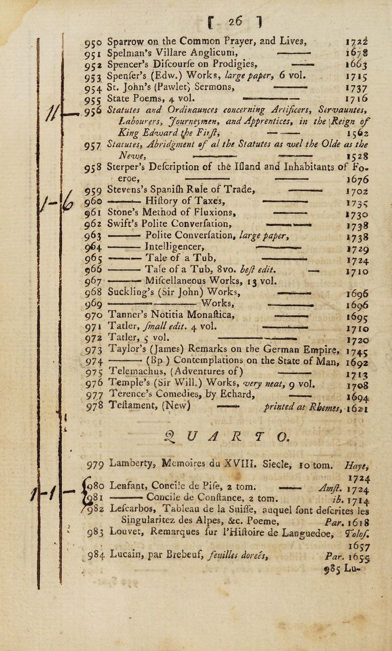 9§o Sparrow on the Common Prayer, and Lives, 951 Spelman’s Villare Anglicuni, --- 95 a Spencer’s Difcourfe on Prodigies, *—- 953 Spenfer’s (Edw.) Works, large paper, 6 vol, 954 St. John’s (Pawlet> Sermons, —--- 955 State Poems, 4 vol. 17 zi 16/g \66x 1715 1737 1716 eroe, 936 Statutes and Ordinances concerning Artificers, S&rvauntes» Labourers, Journeymen, Apprentices, in the Reign of King Edward tjoe Fitft* -- 1 562 957 Statutes, Abridgment of al the Statutes as *wel the Olde as the Newe, --1528 958 Sterper’s Defcription of the Ifland and Inhabitants of Fo« 1676 1702 173s 1730 1738 1738 1729 1724 1710 1696 1696 ■695 1710 172c 973 Taylor’s (James) Remarks on the German Empire, 1745 974 ———. (Bp ) Contemplations on the State of Man, 1692 975 Telemachus, (Adventures of) —-— 1713 976 Temple’s (Sir Will) Works, very neat, 9 vol. 170‘g 977 Terence’s Comedies, by Echard, ——. 1694 959 Stevens’s Spanilh Rale of Trade, —*——« 960 ■■ Hiftory of Taxes, —-- 961 Stone’s Method of Fluxions, — 962 Swift’s Polite Converfation, ■ ,■»>—»* 963 --- Polite Converfation, largepaper, 964 -Intelligencer, ——- ■ 965 --Tale of a Tub, -- 966 -Tale of a Tub, 8vo. left edit. — 967 ..' ■ .- Mifcellaneous Works, 13 vol. 968 Suckling’s (Sir John) Works, ...» 969 - ■MHUMaea —--* Works, , 970 Tanner’s Notitia Monafiica, «——— 971 Tatler, fmall edit. 4 vol. 972 Tatler, $ vol. 978 Tellament, (New) printed at Rhemes, 1621 d. U A R TO. 979 Lamberty, Memoires du XVIII. Siecle, lotom. Haye, s' 1724 ♦980 Lenfant, Concile de Pile, 2 tom. — Amfi. 1724 ^85 —-Concile de Conftance, 2 tom. ib, 1714 7982 Lefcarbos, Tableau de la Suiffe, auquel font defcrites ie3 Singularitez des Alpes, See. Poeme, Par. 1618 983 Louver, Remarques fur i’Hiftoire de Languedoe, Tolofi * . 1657 984 Lucaitf, par Brebeuf, feuillss dorses, Par. 1635 <$8c Lu-