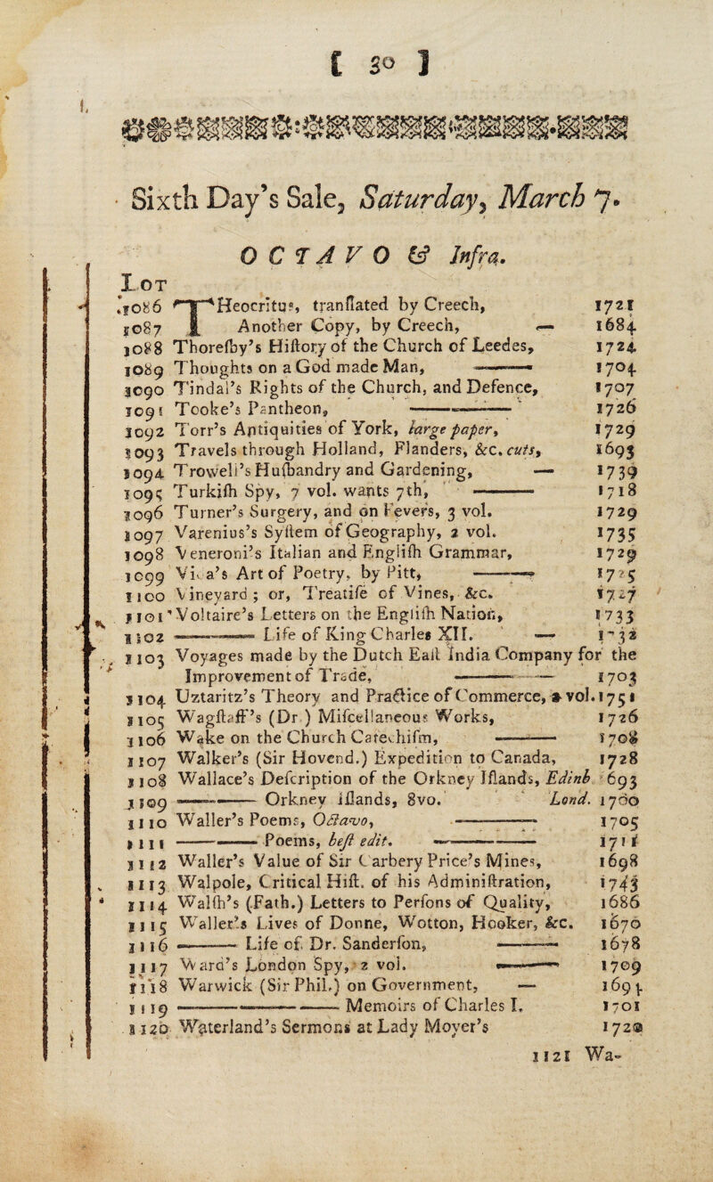 f, Sixth Day’s Sale, Saturday, March J. OCTAVO 6? Infra. Tot *1086 ^I^Heocritu?, tranflated by Creech, £087 A Another Copy, by Creech, 1088 Thorefby’s Hiftory of the Church of Leedes, 1089 Thoughts on a God made Man, *■-— 3090 Tindai’s Rights of the Church, and Defence, 1095 Tooke’s Pantheon, --—— 1092 Torr’s Antiquities of York, large paper, 5093 Travels through Holland, Flanders, Sec.cuts, 1094 Troweli’s Husbandry and Gardening, — 1091; Turkifh Spy, 7 vol. wants 7 th, -- jo96 Turner’s Surgery, and on Fevers, 3 vol. S097 Varenius’s Sytlern of Geography, % vol. 1098 Veneroni’s Italian and Englilh Grammar, 1099 Viva’s Art of Poetry, by Pitt, lico Vineyard; or, Treatife of Vines, &c» f 10O Voltaire’s Letters on the English Nation, 1 502 — .——Life of Kine Charles XII. 1721 1684 I724. !7°4* 1707 1726 ,72 9 e6o« !7 39 1718 1729 1735 1729 177S *7-7 *733 1-32 1103 Voyages made by the Dutch Eaii India Company for the Improvement of Trade, —-- ■ —- 1703 S104 Uztaritz’s Theory and Pra^ice of Commerce, » vol. 1751 1105 Wagftaff’s (Dr ) Miscellaneous Works, 1726 1106 Wake on the Church Cat'echifm, --— T 7 1107 Walker’s (Sir Hovend.) Expedition to Canada, 1728 . Inrip’c FViptrrinfmn r>F fhf> TflanrC. Vdinh s 108 Wallace’s Defcription of the Orkney Iflands, Edinh 693 —— - Orkney iflands, 8vo. Land. 1700 — ” 1705 1110 Waller’s Poems, Odlanjo, >111 }Ii2 III3 11 * 4 1115 1116 Ul7 Poems, bejl edit. Waller’s Value of Sir C arhery Price’s Mines, Walpole, C ritical HifL of his Adminiftration, Walih’s (Path.) Letters to Perfons of Quality, Waller’s Lives of Donne, Wotton, Hooker, kc. —-— Life of. Dr. Sanderfon, ■——- Ward’s London Spy, z vol. y 118 Warwick (Sir Phil.) on Government, 1119 ~-—— -- Memoirs of Charles I, B 320 W^terland’s Sermons at Lady Moyer’s 1 izi 1711 1698 *7 43 1686 1S70 1678 1709 169V 1701 172© Wa~