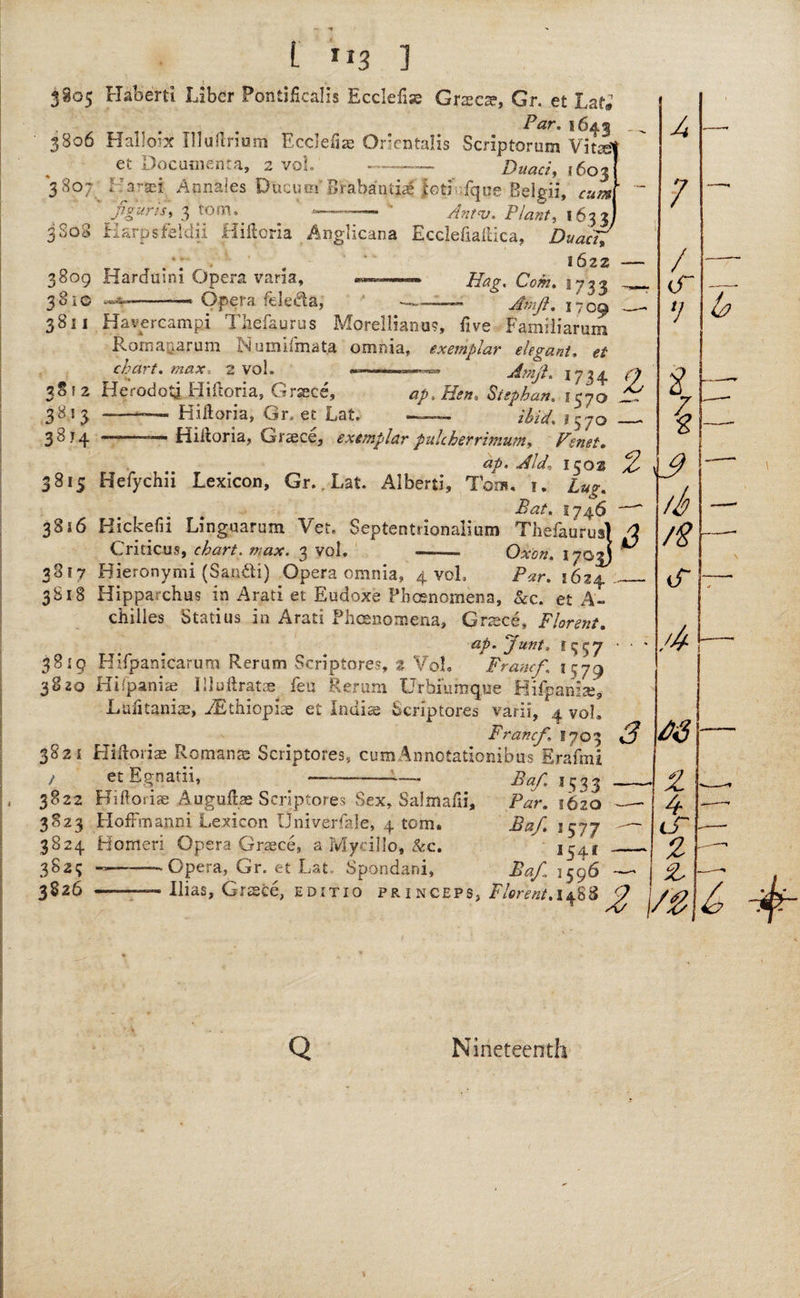 t 5S05 Habe'rti Liber Pontificalis Ecclefise Grxcx, Gr. et Lati Par. 1643 3806 Halloix Illuftrium Ecclefiae Onentalis Scripforum Vitae’' et Documenta, 2 vol. — Duaci, 1603 3807 Far^ei Annaies Ddcum Braba'ntja* letb fque Belgii, cum jtgiiriS) _ -- ' Antv. Plants 16331 3808 Harpsfeldii HiHoria Anglicana Ecclefiaiiica, Duaci, * , ‘ 1622 — 3809 Harduini Opera varia, -- Bag. Com. 1733 _ 3810^--- Opera feleda, * — Amft. 1709_ 3811 Havereampi Tliefaurus Morellianus, five Pamiliarum Romaaarum Nuiniimata omnia, exemplar elegant, et chart, max 2 vol» ™i»» m, .. >m Amjl. 1734 (p 3812 Herodoti Hiftoria, Grsece, ap.Hen* Stephan. 1570 ^ 3813 --— Hiftoria, Gr, et Lat. — ibid. 1570 _ 3874 —-—*— Hiftoria, Graece, exemplar pule her rimum, Venet. ap. Aid, 1502 3 3815 Hefychii Lexicon, Gr.. Lat. Alberti, Tom, 1. Lug. 1746 — 38*6 Bickefn Linguarum Vet. Septentrional!urn Tliefaurus) 4 Criticus, chart, max. 3 vol. - Oxon. IjQzj ^ 3817 Hieronymi (San&i) Opera omnia, 4 vol. Par. 1624._ 3818 Hipparchus in Arati et Eudoxe Phcenomena, &c. et A- chilles Statius in Arati Phcenomena, Graece, Florent. ap.Junt. 1957 • ‘ ' 3819 Hifpanicarum Rerum Scriptores, % Voh Francf 1579 3820 Hifpaniae ] 11 ufirsts feu Rerum Urbi'umque Hifpanise, Lufitani^, iEthiopiae et Indite Scriptores varii, 4 voh Francf.\ 1703 3 3821 Hiftoriae Romance Scriptores, cumAnnotationibus Erafrni / et Egnatii, ^ ‘ ~~—- Baf. 1533 _ 3822 Hiftoriae Auguftse Scriptores Sex, Salmafii, Par. 1L20_4 3823 HofFmanni Lexicon Uniyerfale, 4 tom. Baf. ’577 tT 3824 Homeri Opera Graece, a Mycillo, &c. 1341 £ 3829 --- Opera, Gr. et Lat Spondani, Baf 1596 —• 3826 -— Ilias, Graece, editio princepst Florent. A 7 / tr y 8 I id (b> /€ tT .A 45 2? — Q Nineteenth