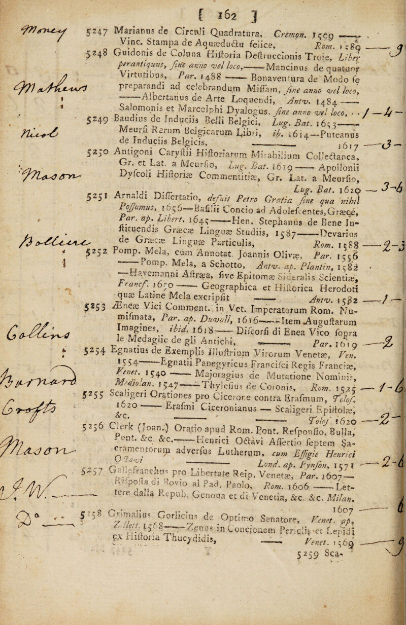 <fWirruL^y 5247 S2 48 Man aruis de CircnJi Quadrature, Gremon. ?$co —« Vine. Stampade Aquaedufiu felice, Rom. \ ;Sq Guidonis de Colima Hiltoria Defiruccionis Troie, Liber perantiquus, fine anno <velloco, - Mancinus de quateor Virtui.iuus, /W. {488 ——— Bonaventura de'Modo fe preparandi ad celebrandum MiiTam, W loco, --rilfaertanus de Arte Loquendi, ' Aniv, 14.84 /-s 9-v * « A. ft_ 7 1 • TV Salomon's et Marcclp.hi Dyaiogus./w'.»» wLe, . . ■ 5*49 .Eandms Je Induciis Belli Belgici, Lug. Bat 16”_ Meurfi Rerum Beiglcarum Libri, ib. i6i4-Futeanus de lnducus Belgicis, 52.i° Antigom Caryftii Hi ftoria rum Mirabilium Coljedanea, Gr‘ et Latt a Meurfi0’ Eat. 1619 — ApolJonu Dyfcol.i Hiftprise Commentin' pp tv ^ Gr. Lat. a Meurfio, 5251 A 11* rx-n' . ■#*/. S62C Arna,ui Difler.tatio, Jefuit Petr, Gratia fine qua nihil PoJJumus, ^656—Bafihi Condo ad •Adolefcentes.Grawje, ' \/r. ap.jLibnt. \64;-Hen. Stephanos de Bene In» . iticuendis Graecae Linguae Studiis, 1587—Devarios /3 ae Glf cf Linguae Particu-lis, Rom. jggg 2C2 romp. Mela, cam Annotat. Joannis Olivte, Par. j/rg — Pomp. Mela, a Schotto, Antv.. ap. Plan tin, 1 s 82 PS3 * 5254 r j 0 7 ^4 *'*’/''* * •'Cl fit 1 r£} k kQ Af —Havemanm Allr^a, five Epitomae Sideralis Sciential, Franc/. 16ro Geographies et Hiilorica Berodoti qua; Latine Mela excripht — Anfrn Vici Commit, in Vet. Imperatorum Rom; No! mifmata. Par ap. Duvall, 16 f6~-Item JVupuftarum Imagines 1618 — Difcorfi di Enea Vico fopra Je Medaghe^de gli Antichi, Par.ibig /L S2$5 5256 Ignatius de Sxemplis Illuftrium Mirer urn Venet®, Pen. 1,5 54' Egeatii Panegyric us Francifci Regis Fran cite, 1 54° ■* Majoragius de Mutatione Nominis, MedmanI >4-7--Thylefius de Coroni?, Rom. n^r ocaugen Orationes^pro Cicerone contra Erafmum, • Era (mi Ciceronian us — Scaliperi RpidoiaE &C. ___ » & cr 1 ' r 1 oloj I02O S2S? PI , _ . - 1 UlOJ !02< Gcrk (joan.) Oratio apud Rom. Pont. Refponfio, Bulla, 1 ont> &c- &c«—Henrici O&avi Affertio feptem Sa- cramentorurp adverfus Lutherum, cum Effigie Henrici Lord. ap. tynfon, 157! o\& - ,0 up. l ynjon, u °R!f TC?-n; pr° L!berta,e Rrip.-Vehet*. Ar. 1607 ../■poiud, ,°v,<> a! Pad. Paolo. /?<;«. 1606-Let- . tere oada Repub. Genoua et di Venecia, &c. Sec, Milan, ^Gorlicius de Optimo Senatore, Fenet. $pt y Gm 5* '^T^Zf?U.s in Peric!i§*et Lefidl px raftoHa ^ Eucyctidis, — Fenet. \ $6% 5259 Sea-