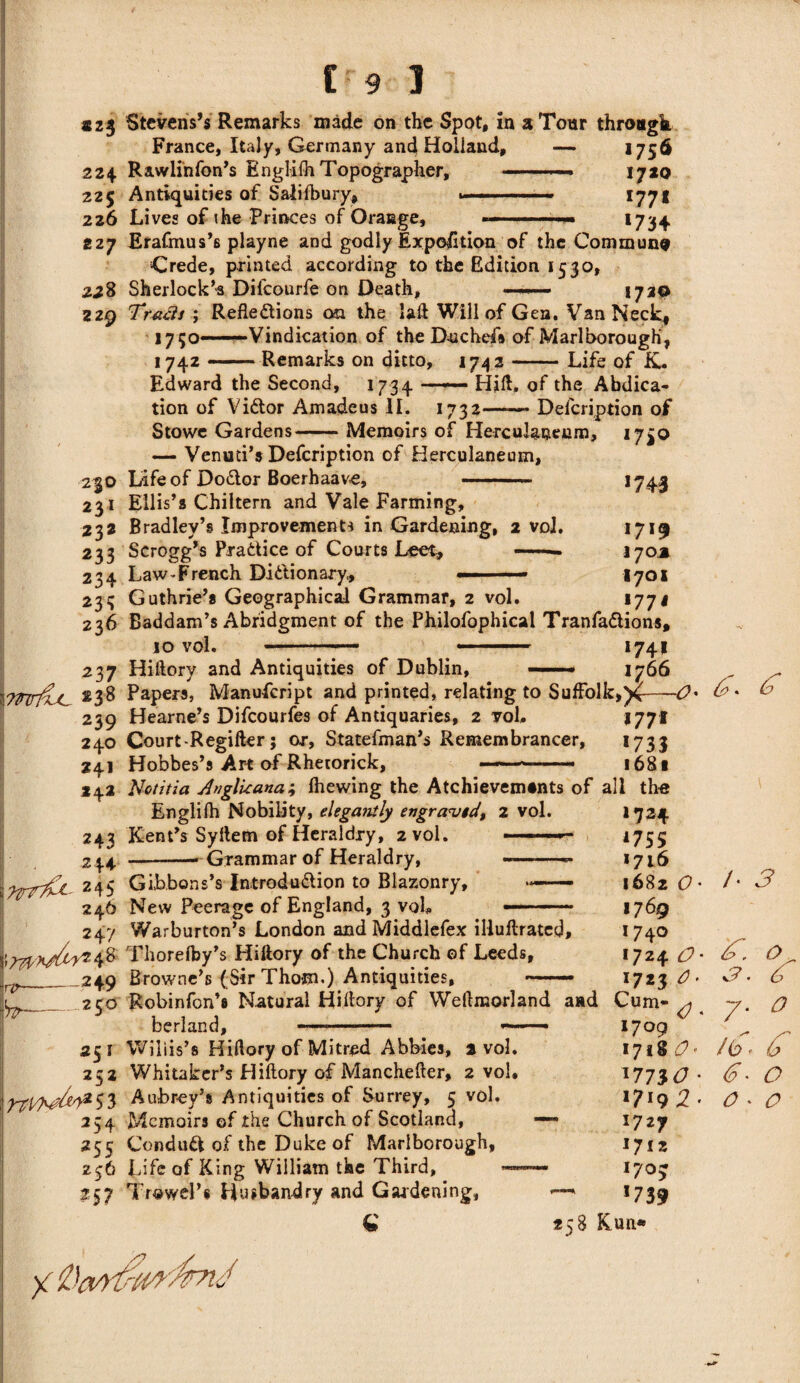 a 23 224 225 226 227 Stevens’s Remarks made on the Spot, in a Tour throagk France, Italy, Germany and Holland, — 1756 Rawlinfon’s Englifh Topographer, -- 1720 Antiquities of Salifbury, ■ —...— 1771 Lives of the Princes of Orange, ——— *734 2,28 229 Erafmus’6 playne and godly Expofttion of the Commune Crede, printed according to the Edition 1530, Sherlock’s Difcourfe on Death, — 172^ Tracts ; Reflections on the laft Will of Gea. VanNeckf j 750—Vindication of the D-uchefs of Marlborough, 1742 — Remarks on ditto, 1742-Life of K. Edward the Second, 1734 —— Hift, of the Abdica¬ tion of Victor Amadeus II. 1732—Description of Stowe Gardens-Memoirs of Herculaneum, 17^0 230 231 232 233 234 235 236 — Venud’s Defcription of Herculaneum, Life of DoCtor Boerhaave, ......—.. Ellis’s Chiltern and Vale Farming, Bradley’s Improvements in Gardening, 2 voJ. Scrogg’s Practice of Courts Leet, -.— Law-French Dictionary, 1743 1719 17021 1701 «77' 237 Tdirf^L. 238 239 240 241 242 Guthrie’s Geographical Grammar, 2 vol. Baddam’s Abridgment of the Philofophical TranfaCtions, 10 vol. - ■ ■ ■■■— 1741 Hiftory and Antiquities of Dublin, — 1766 Papers, Manuscript and printed, relating to Suffolk, Hearne’s Difcourfes of Antiquaries, 2 voL 1771 <?< Court-Regifter; or, Statefman’s Remembrancer, 1733 Hobbes’s Art of Rhetorick, -— 1681 Nctitia Anglic ana; fhewing the Achievements of all the TfTlC*-' 243 244 245 246 247 rp-—249 2S° Englifh Nobility, elegantly engraved, 2 vol. Kent’s Syilem of Heraldry, 2 vol. Grammar of Heraldry, Gibbons’s Introduction to Blazonry, New Peerage of England, 3 vol. Warburton’s London and Middlefex illuftrated, Thorefhy’s Hiftory of the Church of Leeds, Browne’s (Sir Thom.) Antiquities, Robinfon’s Natural Hiftory of Weftmorland and Cum¬ berland, 251 2 s 2 rzl/hd*')3- 5 3 254 255 256 H7 Wiliis’s Hiflory of Mitred Abbies, a vol. Whitaker’s Hiftory of Manchefter, 2 vol* Aubrey’s Antiquities of Surrey, 5 vol. Memoirs of the Church of Scotland, ConduCt of the Duke of Marlborough, Life of King William the Third, —- Trowel’s Husbandry and Gardening, 6 2n8 &. 1734 *755 >716 1682 O' 1769 1740 1724 o 1723 c? 1709 1718 O' '7110 ' 9 2 ■ 1727 1712 1703 *739 Kun» /• 3 z. %r 7■ /b * O . o £ o 0