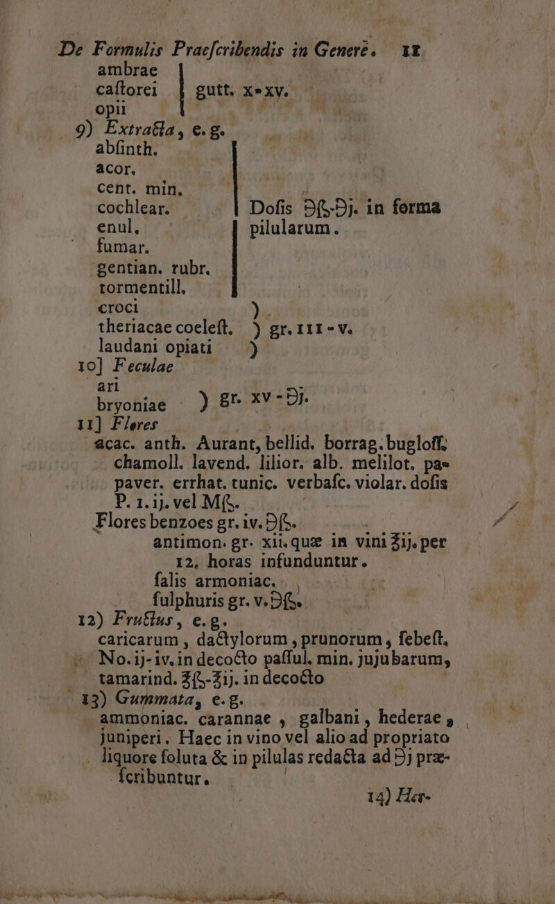 ambrae caflorei | gutt. xexv. opi | 9) Extratia, €. g. abíinth. ' acor. | cent. min. (E cochlear. Dofis 9($-5j. in forma enul, pilularum. fumar. gentian. rubr. tormentill. croci ) theriacae coeleft, ) gr. 111 - v. laudani opiati — ) 10] Feculae ari : bryoniae ) 5^ xv-9r 11] Fleres &amp;cac. anth. Aurant, bellid. borrag. bugloff. chamoll. lavend. lilior. alb. melilot. pa« paver. errhat. tunic. verbafc. violar. dofis P. 1.1). vel M(S. Flores benzoes gr. iv. (e. | antimon. gr- xii.quz? im vini Zij per 12, horas infunduntur. falis armoniac. . fulphuris gr. v. (S. 12) Frutlus, e.g. caricarum , dactylorum , prunorum , febeft. - No.ij- iv. in deco&amp;to pafful. min. jujubarum, tamarind.Z(5-Zi.indecotdto .33) Gummata, e.g. ammoniac. carannae , galbani, hederae, | juniperi . Haec in vino vel alio ad propriato liquore foluta &amp; in pilulas redaCta ad 9j prz- fcribuntur. | 14) Hear-