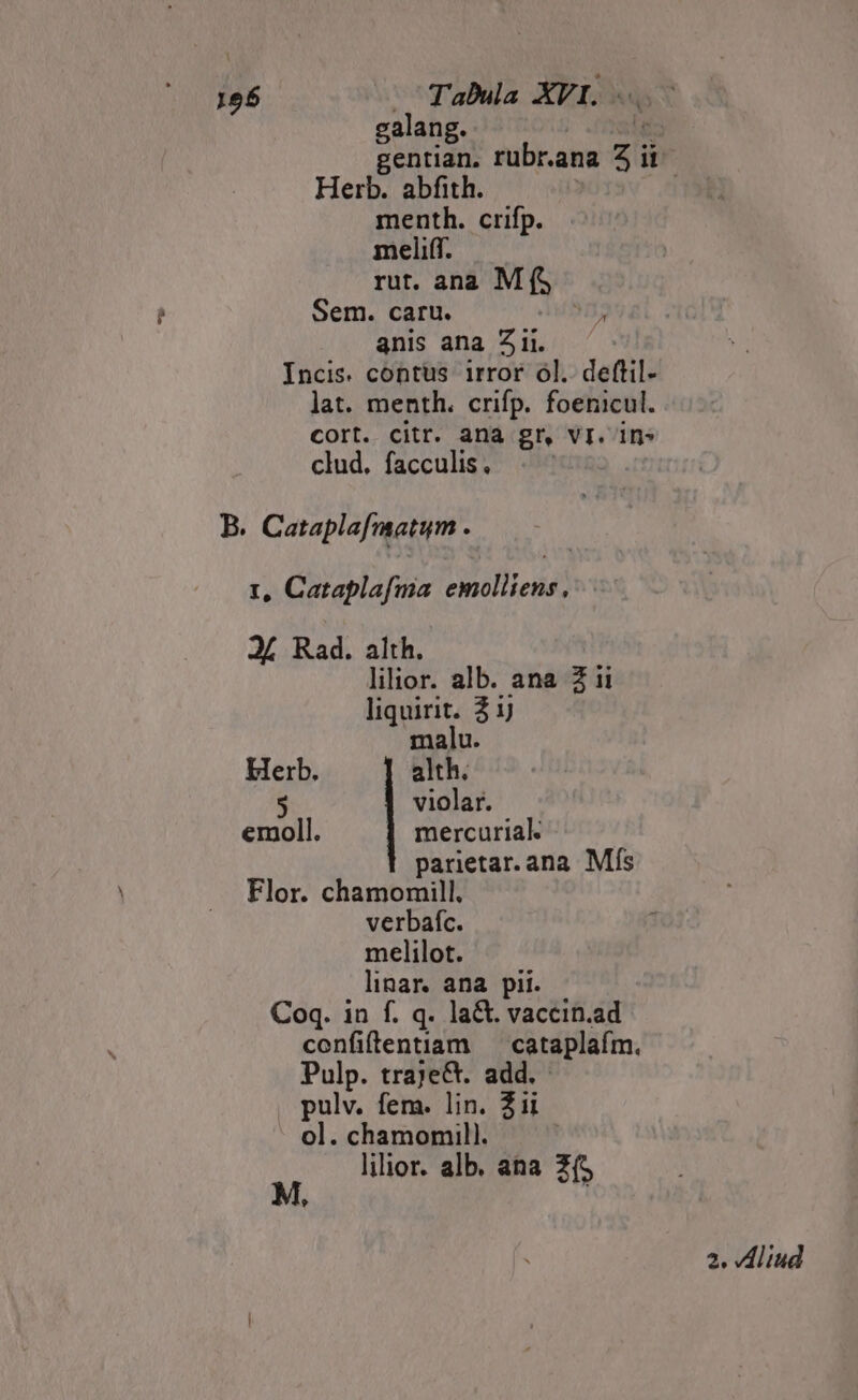 19$ Tabula XVI. galang. gentian, rubr.ana zi ü Herb. abfith. | menth. crifp. meliff. rut. ana Mf Sem. caru. anis ana Z ii. Incis. contus irror ol. deftil- lat. menth. crifp. foericul. cort. citr. ana gr, vi. ins clud. facculis. B. Cataplafmatym - | 1, Cataplafma dH D | 3f Rad. alth. lilior. alb. ana Z ii liquirit. 2 ij malu. Herb. alth. violar emoll. mercurial. parietar. ana. Mfs Flor. chamomill. verbafc. melilot. linar. ana pii. Coq. in f. q. la&. vaccin.ad confiftentiam — cataplafm. Pulp. traje&. add. pulv. fem. lin. 21i ol. chamomill. ! lilior. alb. ana 25 L4