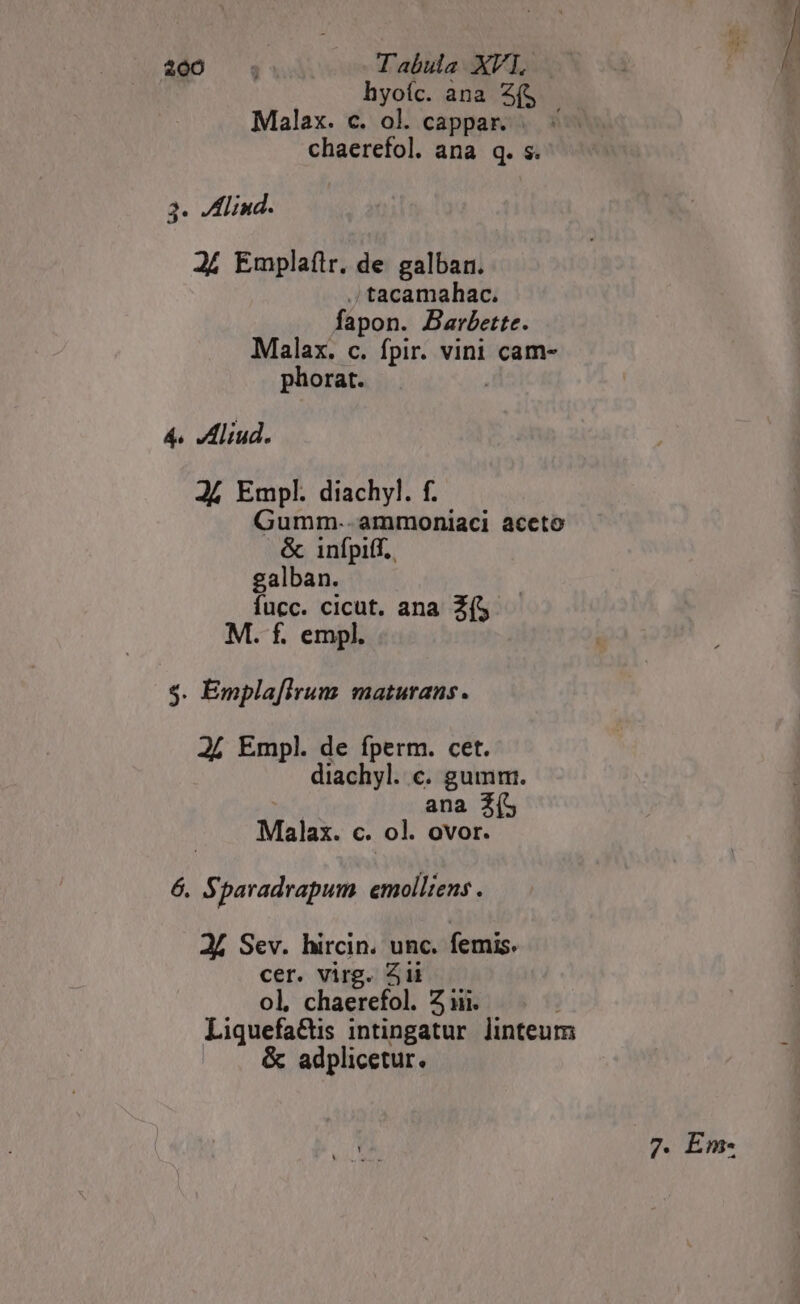 hyoíc. ana 2(S Malax. c. ol. cappar. |. ^ chaerefol. ana q. s. 3. Ilind. 24 Emplaftr. de galban. ., tacamahac. fapon. Barbette. Malax. c. fpir. vini cam- phorat. | 4. Aliud. 24 Empl. diachyl. f. Gumm..ammoniaci aceto & infpiff.. galban. fucc. cicut. ana Z(5 . f. empl. $. Empla[irum maturans. 2j Empl. de fperm. cet. diachyl. c. gumm:. ! ana 2(5 Malax. c. ol. ovor. 6. Sparadrapum emolliens . J£ Sev. hircin. unc. femis. cer. virg. 4ii ol, chaerefol. 21i. Liquefa&tis intingatur linteum & adplicetur. 7* Em-