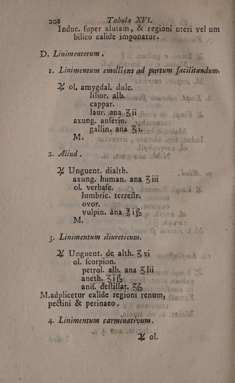 202 Tabula XVI. D. Linimentorum , 24 ol, amyegdal. dulc. liltor. alb.. cappar. laur. ana. iii m gallina ana à 5 TM 24 Unguent. dialth. axung. human. ana Sfi ol. verbafc. |. ]umbric. terreflr. OVOr. . vulpin. ana. Z2 1(S XUI adf. 4710 2i Linimentum diureticum. 24 Uvguent. de alth.. Z vi ol. fcorpion. petrol. alb. ana Zlii aneth. ZifS. anif. deítillat. Z( pecini &amp; perinaeo, . A4. Linimentum rarminatrvum. n 8$  X ol € D2i:5   $