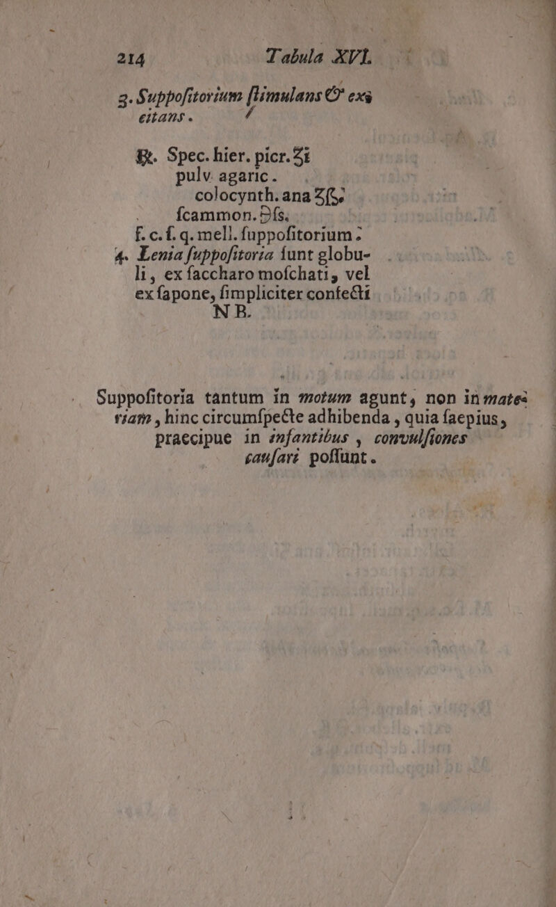3. Suppofitovium [Himulans Q* exg eitans . / &. Spec. hier. picr.Zi pulv agaric. colocynth. ana Z(5. Ícammon. 9s. f. c. f. q. mell. fuppofitorium: 4. Lenia fuppo[itoria funt globu- li, ex faccharo mofchati; vel ex fapone, A pliciter confecti gatifart. poffunt .