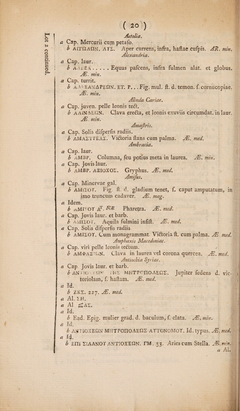 4 ( 20 ) Aetolia„ a Cap. Mercurii cum petafo. b AAt£A.Equus pafcens, infra fulmen alat, et globus. JE. ?nin. a Cap. turrit. b aAi SAnAPEON. ET. P... Fig. mul. ft. d. temon. f. cornucopiae. AR, min. Alinda Cariae. a Cap. juven. pelle leonis ted. b AA1NAEON. Clava ereda, et leonis exuviis circumdat, in laur. JE. min. Amajiris. » a Cap. Solis difperlis radiis. b AMASTPEAE. Vidoria fcans cum palma. JE. med. Ambracia. a Cap. laur. b aMBP. Columna, feu potius meta in laurea. JE. min. a Cap. Jovis laur. b aMBP. AHIOXOI. Gryphus. JE. med. Amifus. a Cap. Minervae gal. b AMiXOY. Fig ft. d. gladium tenet, f. caput amputatum, in imo truncum cadaver. JE. mag. a Idem. b aMIYOT at. Pharetra. JE. med. a Cap. Jovis laur. et barb. b AMIEOT. Aquila fulmini infift. JE. med. a Cap. Solis difperfis radiis. b AMIEOY. Cum monagrammat. Vidoria ft. cum palma. JE med. Amphaxis Macedoniae. a Cap. viri pelle leonis tedum. b AM‘l>AE!SiN. Clava in laurea vel corona quercea. JE.med. Antiochia Syriae. a Cap Jovis laur. et barb. b AN no f'<Av ,hs MBTP^noAEOS. Jupiter fedens d. vic- i toriolam, f. haftam. JE. med. i' a Id. b ZKX. 227. JE. med. a AI. 1H. a AI ^AS, * Id. b E ad. Epig. mulier grad. d. baculum, f. elata. AR. min. a Id. b ANTIOXEQN MHTPOnQAEQE ATTONOMOY. Id. typus. JE. med. a Id. b EDI EiAANOY ANTI0XEC2N. FM . 33. Aries cum Stella. A.min. a Ai. ' •V