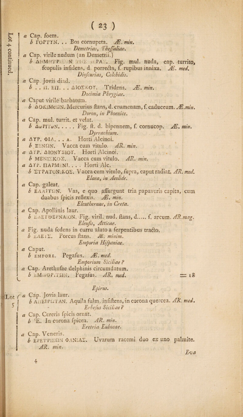 ! a Cap. foem. fcopulis infidens, d porre&a, rupibus innixa. JE. med Diofcurias, Colchidis. a Cap. Jovis diad. b . . il. En. . . A30SKOT, Tridens. JE. min. Docimia Phrygiae, a Caput virile barbatum. b A0iQMe2N. Mercurius dans, d. crumenam, f. caduceum. JE.min. Doron, in Phoenice, a Cap. mul. turrit. et velat. b Afa/PHAN.Fig. ft. d. bipennem, f. cornucop. JE, min. i Dyrrachium, a ATP. <£IA. . . a. Horti Alcinoi. b EENQN. Vacca cum vitulo, AR. min. a A /p. AlONTSioT. Horti Alcinoi. b MENISKOS. Vacca cum vitulo. AR. min. a ATP. IIAPMilNI. . . . Florti Ale. b ZTPATONiKOS. Vacca cum vitulo, fupra, caput radiat. AR. med. Elaea,, in Aeolide. a Cap. galeat. b EAAiTiTN. Vas, e quo affingunt tria papaveris capita, cum duabus fpicis reflexis. JE. min. Eleuthernae, in Creta, a Cap. Apollinis laur. b EaeTQEPNALON. Fig. viril. nud. lians, d.f. arcum. AR.mag, Eleufis, Atticae. a Fig. nuda fedens in curru alato a ferpentibus trado. b EAE i 2. Porcus dans. JE. minim. Emporia Hifpaniae. a Caput. b empori. Pegafus. JE.med. Emporium Siciliae ? a Cap. Arethufae delphinis circumdatum. b r.MuOFiTliN. Pegalus. AR. med. iS C Epirus. f a Cap. Jovis laur. | b AtiEIPnTAN. Aquila fulm. infidens, in corona quercea. AR. med. ^ j - Erbefus Siciliae ? | a Cap. Cereris fpicis ornat. ] b LE. In corona fpicea. AR. min. Eretria Euboeae. a Cap. Veneris. b EPETP1ES2N 0ANIA2. Uvarum racemi duo ex uno palmite. AR. min. E<va 4