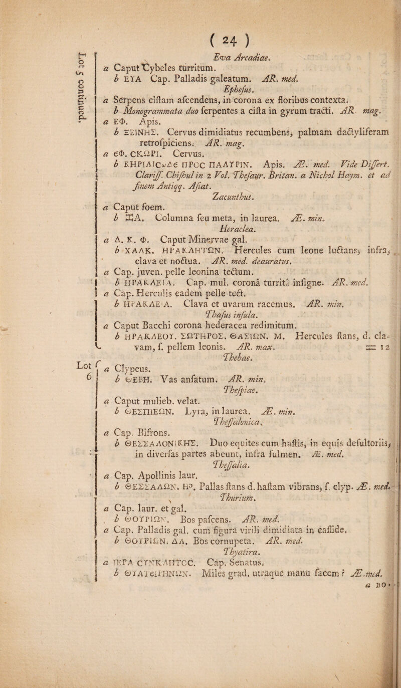 « Caput Cybeles turritum. b Monogranimata duo ferpentes a cilia in gyrum tracti. AR mag„ a E3>. Apis. b SE1NHT. Cervus dimidiatus recumbens, palmam da&yliferam retrofpieiens. AR. mag. a e®. CK.OPI. Cervus. b KHPlAIOAe nroc DAATPIN. Apis. JE. med. Vide Differt. Clarijff. Chijhulin 2 Vol. Ehejaur. Britan. a Nichol Haym. et ad finem Antiqq. A fiat. Zacunthus. a Caput foem. b SUA, Columna feu meta, in laurea. JE. min. Heraclea. a A. K. <X>. Caput Minervae gal. b xaak. hpakahtQn. Hercules cum leone lu£tans> infra, clava et nodtua. AR. med. deauratus, a Cap. juven. pelle leonina te&um. !I b HPAK.AE1A. Cap. mul. corona turrita infigne. AR. med. ! a Cap. Herculis eadem pelle teft. b HrAKAE A. Clava et uvarum racemus. AR. min. C1 hafius infula. a Caput Bacchi corona hederacea redimitum. b hpakaeoi. EP2THPOS. ©AEU2N. M. Hercules flans, d. cla~ C vam, f. pellem leonis. AR. max. 12 Ehebae. ^ot j a Clypeus. ^ j b ©EEH. Yas anfatum. AR. min. I Ehefpiae. I a Caput mulieb, velat. b GEEniEON. Lyra, in laurea. JE.min. EheJJalonica. !a Cap. Bifrons. b ©E2XAA0NIKHE. Duo equites cum haftis, in equis defultoriis* : in diverfas partes abeunt, infra fulmen. JE. med. Ehejjalia. a Cap. Apollinis laur. b ©E21AA£2N. PP. Pallas flans d.haflam vibrans* f. clyp. AE. med* ' N E burium, a Cap. laur. et gal. b ©OTPU2N. Bos pafcens. AR. med. a Cap. Palladis gal. cum figura virili dimidiata in caflide. b ©OTPl&Ni AA. Bos cornupeta. AR. med. Ehy ai ira. a TEPA CPVKAl-lTcc. Cap. Senatus, b ©IAI6IPHN12N. Miles grad. utraque manu facem r JE.mcd. a so *